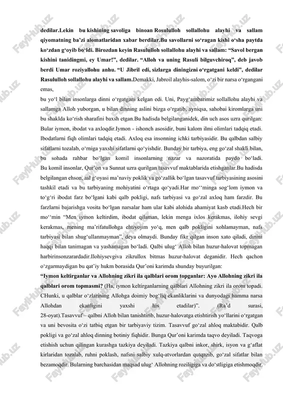 tning xulosasi va qaymog’idir va farishtalar, ruhoniy mavjudotlar va arshu qursi, samovot kavokib hammasi komil inson xizmatidadirlar va hamisha komil inson tegrasini tavof qilurlar va komil inson ishlarini bajo keltirurlar. komil inson ilm mazharidir, komil inson ilohiy yurt sifatlarining ham mazharidir». ingliz tasavvufshunos olimi j. s. trimingem mar-kaziy osiyoda tasavvuf ilmining rivojida ikki buyuk so’fiyning nomini alohida hurmat bilan tilga oladi. bularning birinchisi — abul hasan ali al-xoroqoniy (milodiy 1034 yili 80 yoshida vafot etgan) bo’lsa, ikkinchisi- abu ali al-farmadiy (1084 yili vafot etgan)dir. farmadiyniig ikki shogirdi tasavvuf ilmida shuhrat toptan. bu avvalo axmad al-razzoliy (1122 yilda vafot etgan) bo’lsa, ikkinchisi yusuf al-hamadoniydir. so’fiylik tariqotining ko’p silsilasi ana shu ikki shogird-dan boshlanadi. 2.tasavvuf ta’limotida qur’ondagi nafs tarbiyasi,zuhd va zohidlikka oid g’oyalarning rivojlantirilishi din bandalarning zohiriga ham botiniga ham xitob qiladigan, ularni ikki jahon saodatiga erishtiradigan ilohiy odob va hukmlardan tashkil topgan tarbiya tizimidir. bu tarbiya asosan uch sohada amalga oshadi. …
