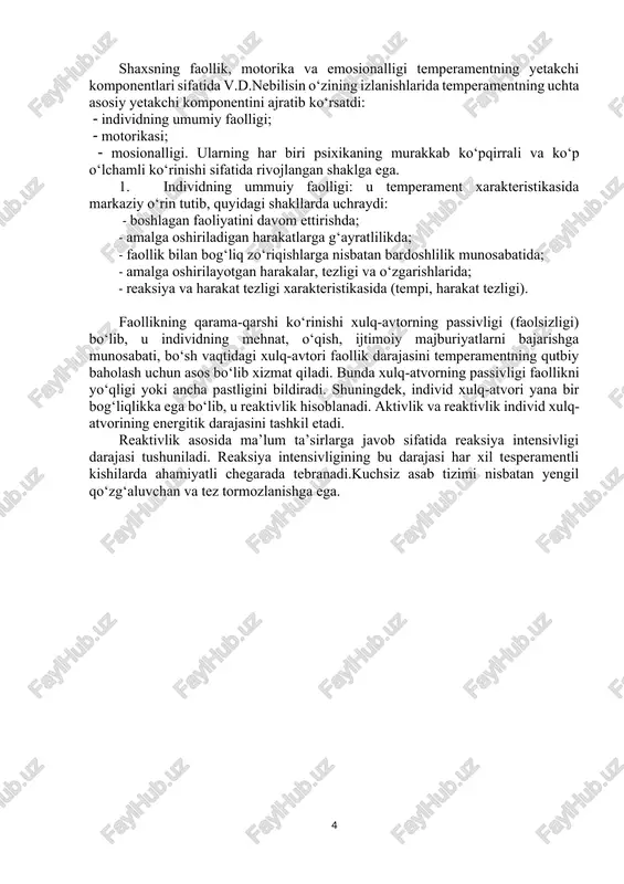 g yuqori reaktivligi 1 ekstraversiya introversiya 2 yuqori harakatchanlik quyi harakatchanlik 3 shartli reaksiyalarni hosil qilish reaksiyasi tez shartli reaksiyalarni hosi qilish reaksiyasi yuqori 4 subyek va muhit o‘rtrasidagi tengsizlikda faol chetlashadi muhitga moslashuvchan 5 vazifalarni bajarish darajasi da’vogarlik darajasiga mos vazifalarni bajarish bilan da’vogarlik darajasida asosli pastlik yoki yuqorilik xos 6 o‘z-o‘zini barqaror baholaydi o‘z-o‘zini baholashi o‘zgaruvchan 7 yordamchi harakatlar ustidan asosiysi egallanadi yordamchi harakatlar asosiy harakat ustidan o‘zlashtiriladi 8 stresslarga ancha yuqori bardoshli stressga kam chidamli 9 quyi bezovtali yuqori bezovatali 10 sensor sezuvchanligi past yuqori sensor sezuvchan 11 toliqishga kam beriluvchan yuqori toliquvchan 12 bir xil turli harakatlari izchil harakatlarini navbati bilan bajaradi va ularni diskretligi ifodalaydi 13 ta’lim olishga bardoshsiz, o‘z-o‘zini o‘qitishga, o‘z-o‘zini kamoltoptirishga intiluvchan ta’lim olishga moyil, o‘z-o‘zni ma’lumot oldirishga kam intiluvchan 14 mantiqiy bilishga moyil hissiy bilishga moyil 15 og‘zaki nutqni afzal biladi yozma nutqni yoqlaydi 16 yuqori jismoniy va sosial tavakkalchilik bilan bog‘liq …