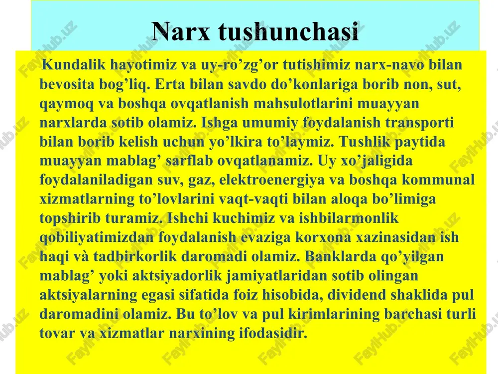 n holda xaridni amalga oshiradi. shuning uchun narx va sifat o’rtasida muvozanat bo’lishi kerak. yaxshi tovarga yuqoriroq narx belgilanadi, arzon narxda sotiladigan tovarlarning sifati esa odatda pastroq bo’ladi. "men boy emaski, arzon narsalarni sotib olsam" degan ibora tovarning narxi va sifati o’rtasidagi bog’liqlikning ifodasidir. kambag’al odam ozgina qimmatroq, lekin sifatli, chidamli, yaxshi mahsulotlarni sotib olganda mablag’larini tejashi mumkin bo’ladi. 4-savol narxning bozor iqtisodiyoti sharoitidagi asosiy vazifalari. narx bozor iqtisodiyoti sharoitida quyidagi vazifalarni bajaradi : . hisob-kitob vazifasi. bu vazifa qiymatni pulda ifodalash qobiliyatiga ega bo’lgan narxning mohiyatini aniq belgilaydi. 2.narxni rag’batlantirish vazifasi turli tovar va xizmatlarni ishlab chiqarish va iste`mol qilishga rag’batlantiruvchi mukofot yoki qisqartiruvchi ta`sir ko’rsatishda namoyon bo’ladi. 3. narxni taqsimlash vazifasi bozor omillari ta`sirida tovar narxi va uning qiymati o’rtasida vujudga keladigan farq bilan bog’liqdir. 4. talab va taklifni moslashtirish vazifasi talab va taklif qonunining harakat mexanizmi orqali amalga oshiriladi. 5. ishlab chiqarishni oqilona joylashtirish mezoni sifatidagi narx …