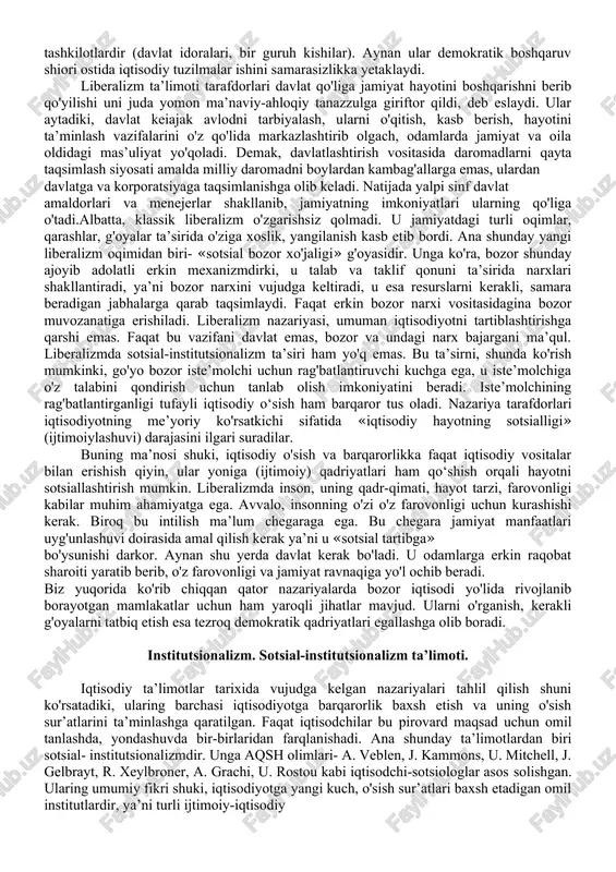 u beriladi bozor iqtisodiyotiga asoslangan tuzumning g'olib chiqishiga xizmat qildi. monetarizm ta’limotidan kelib chiqadigan xulosa shuki, iqtisodiy o'sish va barqarorlik muammolarini tatbiq qilishda bir taraflara yondashuv foyda bermaydi, aksincha, ko'p omillik konsepsiyasi ta’sirini nazarda tutmoq kerak. prezidentimizning «o'zbekiston iqtisodiy islohotlari chuqurlashtirish yo'lida» asarida bozor iqtisodiyoti sharoitida iqtisodiy o'sish va makroiqtisodiy barqarorlikning chuqur asosi bo'lib iqtisodiyotda tub tarkibiy o'zgarishlar qilish siyosati xizmat qilishi uqtiriladi. bu nazariy xulosa o'zining ijobiy samarasini berayotganini mamlakatimiz misolida ko'rish mumkin. zero, keyingi yillarda makroiqtisodiy ko'rsatkichlardagi barqaror o'sish tendensiyasi fikrimizni tasdiqlaydi. prezidentimiz o'zining yuqorida zikr etilgan asarida monetarizm nazariyasiga ortiqcha baho berilganligi xususida to'xtalib, shunday deb yozgan edi: binobarin monetarizm hech qachon ishlab chiqarishni tanglikdan olib chiqishga gqodir bo'lgan yagona yo'naltiruvchi va hal qiluvchi kuch bo'lgan emas. barqarorlashtirish dasturini ishlab chiqish chog'ida ana shu qattiq monetarizmga tayanmaslik kerak. balki muvozanatea keltirilgan monetar sivosatni asosiv tarmoalarni va ishlab chiqarishni tarkiban avval tashkil qilishni qo'llab-quvvatlash siyosati bilan birga qo'shib …