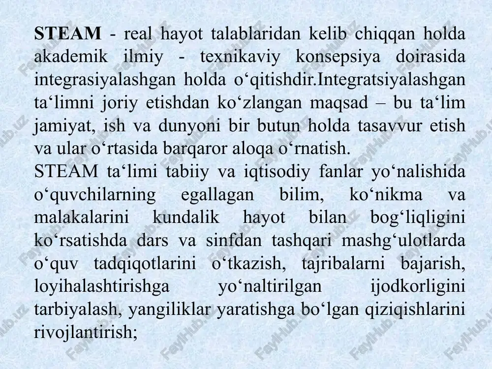 ingan natijalar mamlakatdagi ta’lim sifati va uning xalqaro standartlarni hisobga olgan holda egallagan o‘rni to‘g‘risida xulosalar chiqarish imkonini beradi; 2. milliy ta’lim tizimini isloh qilish, ta’lim mazmunini, pedagog kadrlar tayyorlash va ularni malakasini oshirish dasturlarini takomillashtirish hamda mutaxassislar tomonidan darsliklarning yangi avlodini yaratishda qo‘llaniladi; 3. xalqaro tadqiqotlar ta’lim sohasidagi milliy tadqiqotlarni sifatli o‘tkazishga ijobiy ta’sir ko‘rsatadi: 4. xalqaro standartlar darajasida yuqori iqtisodiy samaraga asoslangan milliy baholash tizimini yaratish imkonini beradi. xulosa qilib aytganda, shuni ta’kidlashni istardikki, an’anaviy o’qitish uslublari bilan taqqoslaganda, o’rta maktabdagi steam yondashuvi bolalarni tajribalar o’tkazishga, modellar tuzishga, mustaqil ravishda musiqa va filmlar yaratishga, o’z g’oyalarini haqiqatga aylantirishga va yakuniy mahsulotni yaratishga undaydi. ushbu ta’lim yondashuvi bolalarga nazariya va amaliy ko’nikmalarni samarali tarzda birlashtirishga imkon beradi va universitetga kirish va keyingi o’qishni osonlashtiradi adabiyotlar: hoshimov k., nishonova s., inomova m., hasanov r. pedagogika tarixi. – t.: o‘qituvchi, 1996. hasanboev j., hasanboeva o., homidov h. pedagogika tarixi. – t.: …