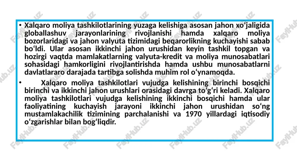 o‘rta muddatli kreditlar berish yo‘li bilan moliyaviy yordam ko‘rsatish uchun mo‘ljallangan hukumatlararo tashkilotdir. 12 ifi xvf kelishuvlar moddalarining birinchi moddasiga muvofiq, uning maqsadlari qatoriga quyidagilar kiradi: xalqaro valyutaviy muammolarni bartaraf etish borasida maslahatlar va hamjihatlik mexanizmini ta’minlovchi doimiy institut orqali xalqaro valyutaviy hamkorlikni rag‘batlantirish; xalqaro savdoning kengayishi va muvozanatli o‘sishini qo‘llab quvvatlash va shu orqali bandlik va real daromadlarning etarlicha yuqori darajasini ushlab turish va iqtisodiy siyosatning bosh maqsadi sifatida barcha a’zo davlatlar resurslarining samaradorligini oshirishga hissa qo‘shish; a’zo davlatlar o‘rtasida joriy bitimlarga doir ko‘p tomonlama to‘lovlar tizimini tashkil etish va jahon savdosi rivojlanishiga to‘sqinlik qiluvchi valyuta ayirboshlashdagi cheklovlarni bekor qilishga ko‘maklashish; 13 ifi a’zolarning umumiy resurslari hisobidan etarlicha xavfsiz asosda mablag‘ bilan ta’minlash orqali ularning ishonchini qozonish, va shuning asosida ularga to‘lov balansidagi nomuvofiqliklar(tartibsizliklar)ni milliy yoki xalqaro taraqqiyotga g‘ov bo‘ladigan chora-tadbirlarsiz to‘g‘rilash imkonini berish; yuqoridagilarga muvofiq a’zo davlatlarning xalqaro to‘lovlar balanslaridagi nomuvofiqlik(muvozanatsizlik)larning davomiyligini qisqartirish va uning darajasini pasaytirish. ifi …