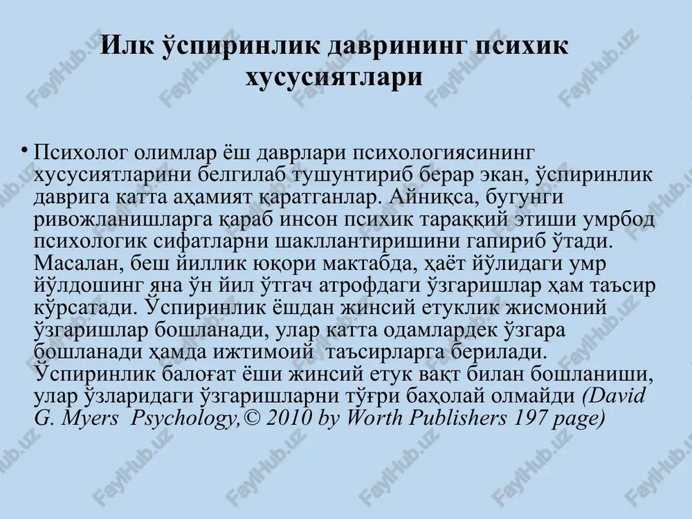 a ilgarilab ketadi. bunda odamning hayotiy tajribasi alohida rol o'ynaydi, chunki talaba shu tajriba etishmasligi natijasida nazariya bilan amaliyotni, fantaziya bilan reallikni, romantika bilan ekzotikani, haqiqat bilan illyuziyani, orzu bilan xohishni, optimizm bilan qattiylikni aralashtrib yuboradi. talabalik yillarida yoshlarning hayoti va faoliyatida o'zini o'zi kamolatga etkazish jarayoni muhim rol uynaydi, lekin o'zini boshqarishning tarkibiy qismlari (o'zini-o'zi taxlil qilish, nazorat etish, baxolash, tekshirish va boshqalar) ham alohida ahamiyat kasb etadi. ideal (yuksak, barqaror, barkamol) «men»ni real «men» bilan taqqoslash orqali o'zini-o'zi boshqarishning tarkibiy qismlari amaliy ifodaga ega bo'ladi. talabaning nuqtai-nazaricha, ideal «men» ham muayyan mezon asosida etarli darajada tekshirib ko'rilmagan, shuning uchun ular goho tasodifiy, g'ayritabiiy xis etilishi muqarrar, binobarin, real «men» ham shaxsning xaqiqiy bahosidan ancha yiroqdir yu.a. samarinning ta'kidlashicha o'spirinlar ruhiyatida o'ziga xos qarama-qarshiliklar, ichki ziddiyatlar mavjud bo'ladi. ularning moddiy jixatdan ota-onaga, oliy o'quv yurti ma'muriyatiga bog'liqligi iqtisodiy ziddiyatni keltirib chiqaradi. bu xol talabalarning xoxishlari bilan mavjud imkoniyatning nomutanosibligi …