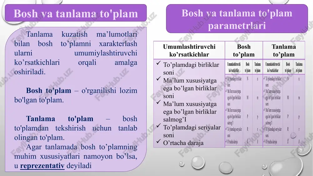 ari bo'yicha o'rtacha qiymatliklarni sezilarli darajada oshirib yuboruvchi ishlab chiqarish hajmiga ega bo'lgan kichik korxonalar va mikrofirmalar qo'shilmaydi. yuqoridagi sub'ektlarning hajmlari qo'shimcha so'rovlar va baholashlar asosida aniqlanadi hamda keyinchalik tanlanma kuzatuv jamlanmasi bo'yicha yoyilgan natijalarga qo'shiladi. * * * iii. kichik korxona va mikrofirmalar faoliyatining kuzatuv so'rovnomalari 1-kv so‘rovnoma “kichik korxona va mikrofirmaning faoliyatini kuzatish so'rovnomasi” - yillik statistika hisoboti ma'lumotlari bo'yicha mahsulot (ish va xizmat)lar sotishdan tushumga ega bo'lgan kichik korxonalar va mikrofirmalar uchun. 2-kv so‘rovnoma “kichik korxona va mikrofirmaning faoliyatini kuzatish so'rovnomasi” - kuzatuv yilida tashkil etilgan kichik korxonalar va mikrofirmalar uchun. 3-kv so‘rovnoma “kichik korxona va mikrofirmaning faoliyatini kuzatish so'rovnomasi” - yillik statistika hisoboti ma'lumotlari bo'yicha mahsulot (ish va xizmat)lar sotishdan tushumga ega bo'lmagan kichik korxonalar va mikrofirmalar uchun. 1 2 3 iv. tanlanma kuzatuvning asosiy bosqichlari 1 2 3 4 vi. tanlov asosini shakllantirish tanlov jamlanmasini shakllantirish tanlovni rejalashtirish kuzatuv yakunlarini shakllantirish kuzatuv so'rovnomalarining asosiy ko'rsatkichlari: …