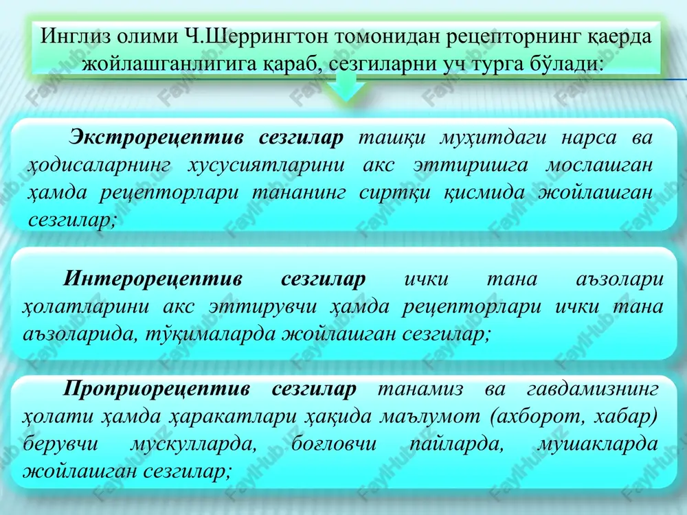 rinchisi tegish va tarqalishini tuyish sezgilari; ikkinchisi esa silliq yoki g'adir – budurni tuyish bilan tavsiflanadi.. psixologiyada tuyish tanachalari va sezuvchi nervning chekka tarmoqlari zichligi ekstiziometr asbobi yordami bilan o'lchanadi. asbob keriladigan ikki oyoqli tsirkuldan tashkil topgan, bo'lib, uning o'zagidagi darajalar oyoqlarning uchlari o'rtasidagi masofani o'lchaydi. tuyish sezgilarining markazi bosh miya po'stining orqadagi markaziy nuqtasida joylashgan deb taxmin qilinadi. tuyish sezgilarining tashqi, ya'ni fizik sababi bu biron- bir narsalarning teriga bevosita tegishidir. muskul-harakat sezgilari motor sezgilar deb nomlanib, ularga og'irlikni, qarshilikni, organlar harakatini bilish sezgilari kiradi. ularning organlari–gavda muskullari, paylar, bo'g'imlardan iboratdir. organlarning tarkibida sezuvchi nervlarning chekka tarmoqlari mavjud bo'lib, ularning ta'sirida harakat va statik sezgilar vujudga keladi. muskul – harakat sezgilarining fizik sababi muskullarga ta'sir etuvchi narsalarning mexanik tazyiqi va gavda harakatlaridir. statik sezgilar gavdaning fazodagi holatini sezish va muvozanat saqlash sezgilari deb ataladi. organik sezgilarga quyidagilar kiradi: og'riq sezgilari; chanqoq sezgilari; noxush tuyg'ular; ochlikni sezish. sifat – mazkur …