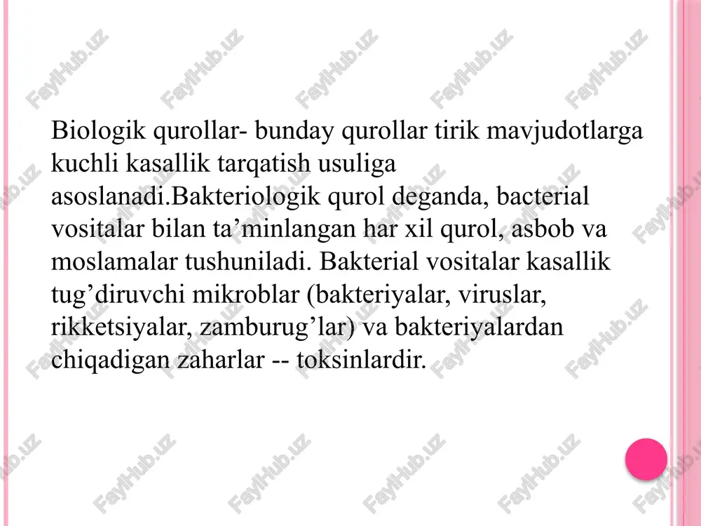 orat: qurollar portlagan joylarda, tuproqda, o’simlarda va buyum narsalarda suyuqlik tomchilari yoki kukun vositalarning bo’lishi (bakteriolgik qurollar portlaganda odatda qurollar portlagandagi qaraganda sekinroq ovoz chiqadi) qurol portlaganda butun yoki tumandan iborat yengil butun hosil bo’lishi; uchib o’tayotgan samalyot ketidan sekin asta cho’kuvchi va tarqaluvchi qora yo’llar hosil bo’lish; joyda juda ko’p hasharot va kemiruvchilar to’planishi; qishloq xo’jaligi hayvonlari va yovvoyi hayvonlarning ko’plab kasallanishi, o’limi kuzatiladi. yuqorida bayon etilgan alomatlardan birortasi payqaldi deguncha himoyalanish tadbirlari darxol (gazdan himoyalanish niqobi resperator, niqob terini va ko’zni himoya qilish vositalarini kiyib olinadi) qo’llaniladi.“bakterial zaharlanish” xabari qachonki bakterial vositalari ishlatgan taqdirdagina radio tarmog’i orqali beriladi. bu xabar zaharlangan joydagi aholini kasallik tug’diruvchi mikrobning turi, undan himoyalanish usuli va qilinadigan ishlar tartibi to’g’risida ogohlantiriladi biror joyda yuqumli kasalliklar payqaldi deguncha karantin e’lon qilinadi, karantin e’lon qilingan hudud “karantin zona”, deb ataladi. bu zona to’la izolyatsiya qilinadi, mahsus belgilar bilan ifodalanadi va qurollangan soqchilar bilan qo’riqlanadi. “karantinli …