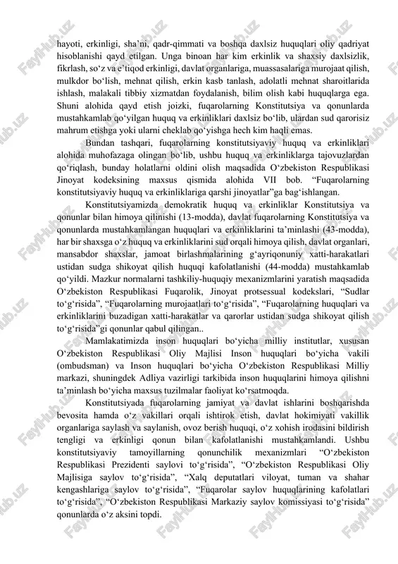 ilishi mumkin emas. birorta ham qonun yoki boshqa normativ-huquqiy hujjat konstitutsiya normalari va qoidalariga zid kelishi mumkin emas, deb belgilangan. “normativ-huquqiy hujjatlar to‘g‘risida”gi qonun 7-moddasiga ko‘ra o‘zbekiston respublikasining konstitutsiyasi oliy yuridik kuchga ega va o‘zbekiston respublikasining butun hududida qo‘llaniladi. o‘zbekiston respublikasining qonunlari va boshqa normativ-huquqiy hujjatlar o‘zbekiston respublikasining konstitutsiyasi asosida va uni ijro etish uchun qabul qilinadi hamda uning normalari va prinsiplariga zid kelishi mumkin emas. mazkur qonunning 22-moddasiga binoan esa barcha normativ-huquqiy hujjatlar loyihalari o‘zbekiston respublikasining konstitutsiyasiga muvofiqligi yuzasidan huquqiy ekspertizadan o‘tkaziladi. konstitutsiyani maxsus muhofaza qilish maqsadida asosiy qonunimizda konstitutsiyaviy sud tashkil etilishi belgilab qo‘yildi. mazkur sud qonun chiqaruvchi va ijro etuvchi hokimiyatlarning hujjatlari konstitutsiyaga qanchalik mosligiga doir ishlarni ko‘radi. bundan tashqari, 2014 yil 16 aprelda konstitutsiyamizga kiritilgan parlament va jamoatchilik nazorati institutlariga oid normalar ham asosiy qonunimizni ustunligini ta’minlashga xizmat qiladi. asosiy qomusimiz 128 moddadan iborat bo‘lgani holda uning 30 dan ortiq moddalari bevosita inson huquqlari va erkinliklariga …