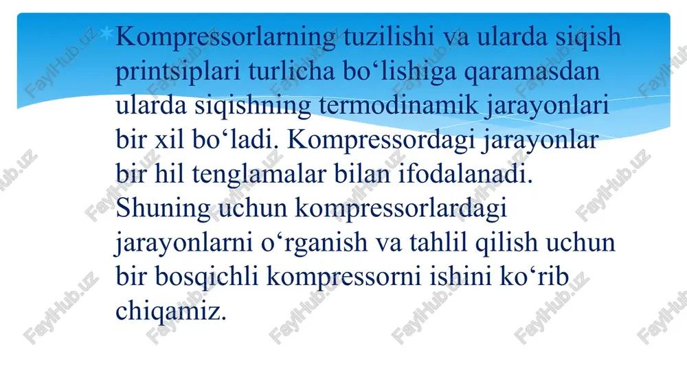 va 4-5 chiziqlar gazning o‘zgarmas bosimda sovishidagi hajmini kamayishini bildiradi. 5-rasm 4-rasm barcha bosqichlarda bosimlar nisbati odatda bir hil bo‘ladi: barcha bosqichlarda bosimlar nisbati, boshlang‘ich temperaturalar hamda politropa ko‘rsatgichi bir hil bo‘lganligidan xar bir bosqichdagi gazning ohirgi temperaturlari ham bir hil bo‘ladi: yuqoridagi tenglamadan ko‘rinib turibdiki: bundan xar bir bosqichdagi bosimning ortish darajasi quyidagiga teng bo‘ladi: yoki z bosqich uchun: siqish bosqichlari sonini ko‘paytirish siqish jarayonini izotermik jarayonga yaqinlashtiradi. lekin shu bilan birga kompressorning konstruktsiyasi murakablashadi, mexanik va gidravlik isroflar bo‘ladi, kompressorning umumiy f.i.k. kamayadi. ko‘p bosqichli kompressorning yuritmasi uchun sarflangan ish bir bosqichdagi ishni bosqichlar soniga ko‘paytirilganiga teng. har bir bosqichda gazdan olib ketilgan issiqlik miqdori bir-biriga teng: izobar jarayonda xar qanday sovitgichdan olib ketilgan issiqlik miqdori quyidagicha aniqlanadi: qanday mashina kompressor deyiladi? bir bosqichli kompressorni tavsiflab bering. bir bosqichli kompressorning nazariy indikator diagrammasi. xaqiqiy indikator diogrammasi nazariysidan nimasi bilan farq qiladi? bo‘shlik xajm nima? hajmiy f.i.k. nima uchun …
