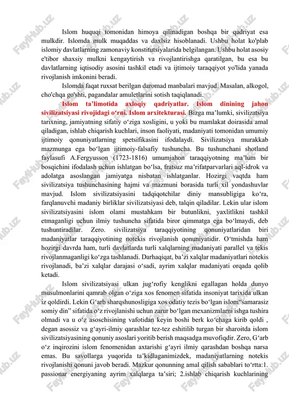 nishdan, namozdan chalg'itadi..." alkogolli ichimliklar har qanday ko'rinishda va har qanday miqdorda ta’qiqlanadi. alkogoldan foydalanish uchun jismoniy jazolar belgilangan, bular yolg'on ayblov uchun jazoga tengdir. ushbu jazoni ikkinchi xaliifa umar kiritgan. islomda insoniyatning davom ettirilishi yana bir qadriyat hisoblanadi. insoniyatni davom ettirish ikki ma'noda ko'rinadi: birinchidan, bu alloh tomonidan berilgan hayotning davom etishi, ikkinchidan esa, hayotning asosiy ma'nosi sifatida e'tiqodning davom etishidir. shundan kelib chiqib, islom huquqi oilaviy huquqiy munosabatlarni batafsil ishlab chiqish va tartibga solishga e'tibor beradi. g'arbda keng tarqalgan sun'iy homilani tushirish, ya'ni abort, evtanaziya, monastik qasamlar, shuningdek, bir jinsli nikohlar islomda ta’qiqlangan. insoniyatni davom ettirishni himoya qilish, islomning barcha vositalari, shu jumladan, huquqiy vositalar orqali oilaviy institutni mustahkamlashga olib keladi. islom huquqi zino uchun jazolarni belgilaydi. bu holat, turmush qurgan shaxsga o'lim jazosiga sabab bo‘ladi. zino faktini isbotlashda juda qat'iy talablar bor, bu esa uni keng qo'llash imkoniyatini deyarli yo'q qiladi. zino faktini isbotlash uchun talablar o'lim …