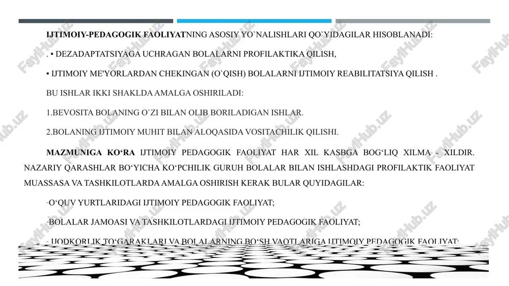 imoiy munosabatlar, ijtimoiy makrm, ijtimoiy xulq.-atvorning me’yor va qoidalari haqidagi turli bilimlarni, jamiyatga ko`nikishiga yordam beruvchi turli ko` nikma va malakalarni o` zlashtiradi. bu jarayon, ayniqsa , bo l a likd a j u d a jada l su r’ a tl a r bil a n a m a lg a osha di.. ma’lumki, bola besh yoshgacha u ning keyingi hayotida o`z aksini topuvchi nihoyatda ko`p bilimlarni oladi. bola ijtimoiylash u vining ajralib t u r u vchi x u s u siyati, u ning jamiyat ilgari s u rayotgan yurish-t u rish me’yorlariga baxo berishi va nazorat q ilishin i ng q iyinligidadir. ijtimoiy tarbiya jarayoni, tarbiya muassasalari faqatgina shaxs rivojlanishining vositasi bo‘lishlari mumkin. rivojlanishni inson tomonidan uch turdagi vazifalarni (tabiiy-madaniy, ijtimoiy-madaniy, ijtimoiy-psixologik) hal qilish jarayoni deb qarashimiz mumkin. shu vazifalara ko‘ra, tarbiya muassasalarida ijtimoiy tarbiyani markazlashtirish lozim bo‘lgan shaxs rivojining jihatlarini aniqlashtirsa bo‘ladi. tabiiy-madaniy vazifalarni hal qilish …