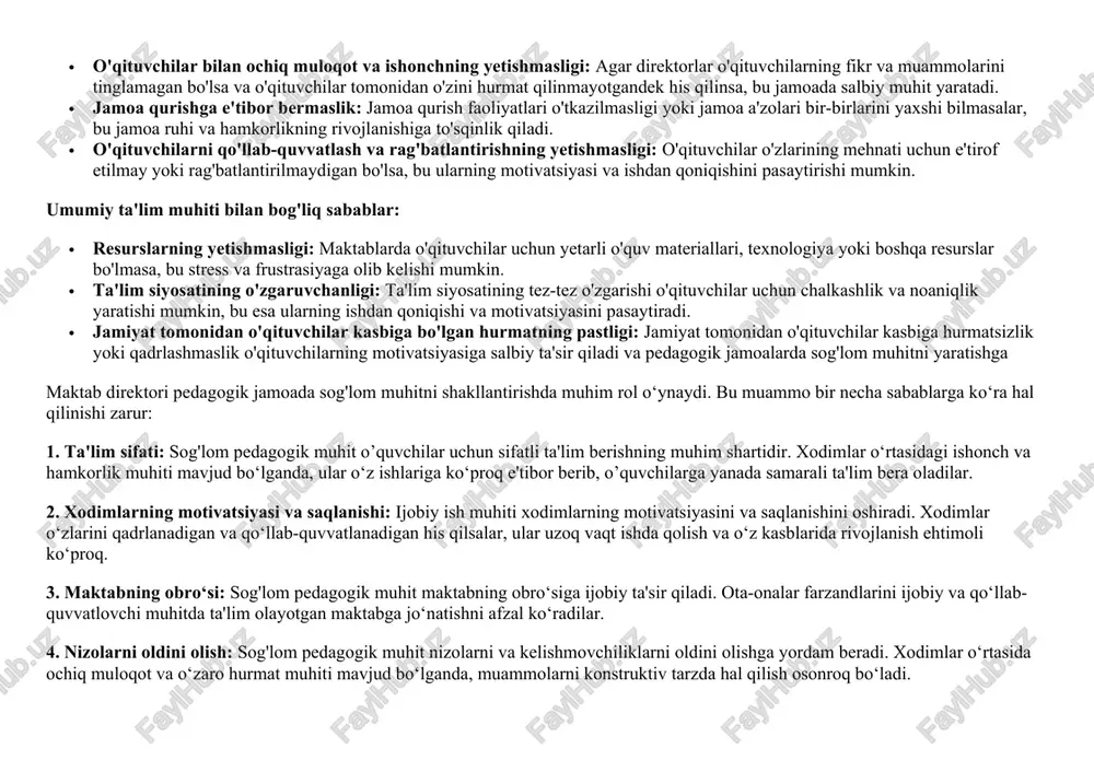 hit nizolarni va kelishmovchiliklarni oldini olishga yordam beradi. xodimlar o‘rtasida ochiq muloqot va o‘zaro hurmat muhiti mavjud bo‘lganda, muammolarni konstruktiv tarzda hal qilish osonroq bo‘ladi. 5. ta'lim jarayonining samaradorligi: sog'lom pedagogik muhit ta'lim jarayonining samaradorligini oshiradi. xodimlar bir-birlariga ishonch va qo‘llab-quvvatlashda bo‘lganda, ular birgalikda ishlash va o‘quvchilarga yanada samarali ta'lim berish imkoniyatiga ega bo‘ladilar. xulosa qilib aytganda, maktab direktori pedagogik jamoada sog'lom muhitni shakllantirishda muhim rol o‘ynaydi. bu muhim masalaning hal qilinishi ta'lim sifati, xodimlarning motivatsiyasi va saqlanishi, maktabning obro‘si, nizolarni oldini olish va ta'lim jarayonining samaradorligini oshirishga ijobiy ta'sir qiladi. mavzuga oid adabiyotlar tahlili 1.pedagogik jamoada sog'lom muhitni shakllantirish mavzusi bo‘yicha ko‘plab mahalliy va xorijiy adabiyotlar mavjud. quyida ba'zi misollar keltirilgan: mahalliy adabiyotlar: · "o‘zbekiston respublikasining ta'lim to‘g'risida qonuni" (2024) - ushbu qonunda maktab direktorining pedagogik jamoada ijobiy muhitni shakllantirishga doir vakolatlari va mas'uliyatlari belgilab berilgan. · "ta'lim muassasalarida pedagogik xodimlar jamoasini boshqarish nizomi" (2021) - ushbu nizomda jamoada …