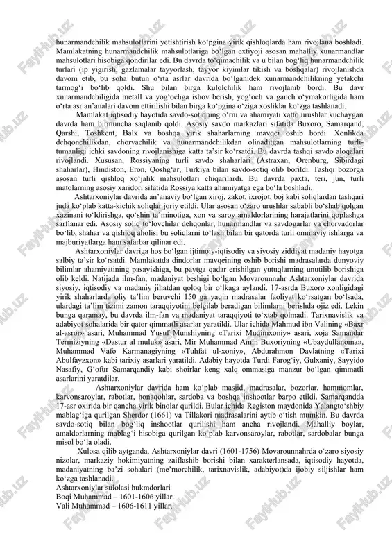 oshirildi, hatto, yetti yillik soliqlar birdaniga yig‘ib olina boshladi. 18-asr boshlariga kelib ashtarxoniylar davlatidagi inqiroz yanada kuchaydi. bu sulola xonlari yirik saroy amaldorlari va qabila boshliqlariga qaram bo‘lib qoldilar. ubaydullaxon (1702-1711) markaziy hokimiyatni kuchaytirishga intilgan so‘nggi ashtarxoniy hukmdor bo‘ldi. uning xisor, termiz, shahrisabz viloyatlarining isyonkor hokimlarini bo‘ysundirish uchun qilgan harakatlari natijasiz tugadi. ubaydullaxonning 1708 yilda moliyaviy ahvolni yaxshilash uchun o‘tkazgan pul islohoti iqtisodiy vaziyatni yanada chigallashtirdi. zarb etilgan past qiymatli mis pullar bozorlarda savdogarlar tomonidan olinmasdan, do‘konlar yopilib, buxoro shahrida katta qo‘zg‘olon ko‘tarildi. qo‘zg‘olon bostirilgan bo‘lsada, siyosiy vaziyat izga tushmadi. natijada ubaydullaxon o‘ldirilib, taxtni ashtarxoniylar sulolasining amaldagi so‘nggi xoni abulfayzxon egalladi. uning hukmdorligi davrida (1712-1747) mamlakatda qabila boshliqlari, viloyat hokimlarining markaziy hokimiyatga qarshi chiqishlari yanada kuchaydi. amaldorlar fitnasi avj oldi. buxorodagi markaziy hokimiyat amalda bir guruh saroy amaldorlari qo‘lida edi. 1722 yilda samarqandda mustaqil xonlikka asos solindi va bu xonlik 1731 yilgacha saqlab turildi. mamlakatdagi ikki honkimiyatchilikdan ko‘chmanchi qozoqlar unumli …