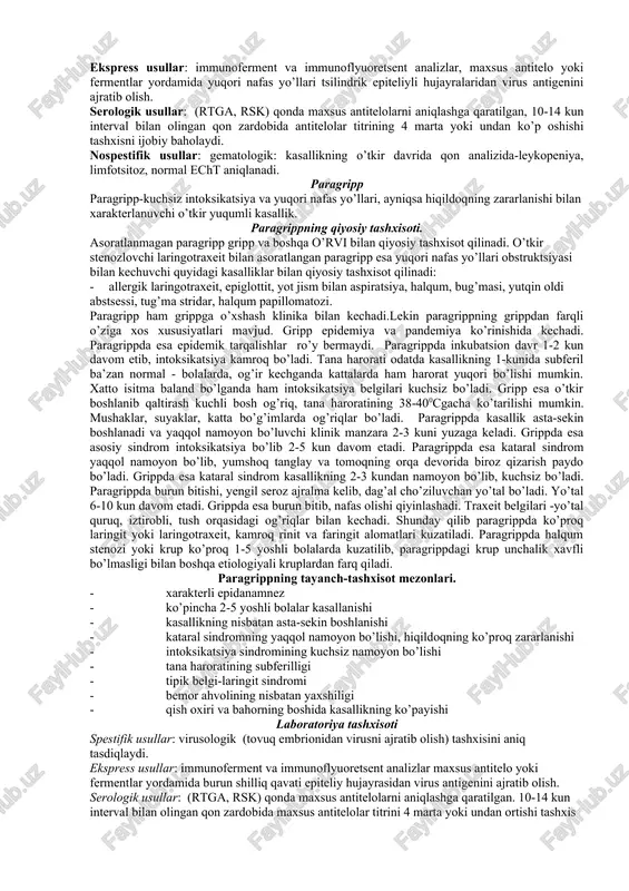 i) farqlash kerak. o’rklardagi bronxit yaqqol va bilinar-bilinmas yuqori nafas yo’llari yallig`lanishi bilan kechadi. lekin, ayrim o’rk larda bronxit belgilari birinchi o’rinda rivojlanadi. (rs virusli infektsiya). o’tkir bronxitda ko’pincha turli darajadagi bronxial tikillishlar kelib chiqadi. unga quyidagilar sabab bo’lishi mumkin: 1. yallig`lanish jarayoni natijasida bronx shilliq qavatining qalinlashishi. 2. shilimshiq balg’amning to’planishi, ba’zi hollarda alohida bronxlarning bekilishiga olib keladi. 3. turli darajada rivojlangan bronxspazmaning mavjudligi. o’tkir bronxitning klinikasida: yo’tal-boshida quruq, keyinchalik shilliqli yoki shilliq yiringli balg’amli. umumiy intoksikatsiya belgilari ham rivojlanadi. ob’ektiv: o’pkada quruq, ba’zan nam xirillashlar eshitiladi. bronxial o’tkazuvchanlikning buzilishi nafas chiqarishning uzayishi, nafas qiyinlashuvi ko’rinishida namoyon bo’ladi, buni yaxshisi spirograf yordamida aniqlash lozim. bronxiolit o’tkir bronxitning nisbatan og’ir formasi bo’lib, bu hollarda umumiy intoksikatsiya birmuncha yaqqol namoyon bo’ladi va hansirash, obstruktiv emfizema, nafas yetishmovchiligi rivojlanishi bilan kechadi. bemorlarni kuchli – qiynoqli shilimshiq balg’am ajralishi bilan kechuvchi yo’tal bezovta qiladi. nafas yo’llarining o’tkir yallig`lanishi sindromlarini qiyosiy tashxisotida uning yuqoridagi …