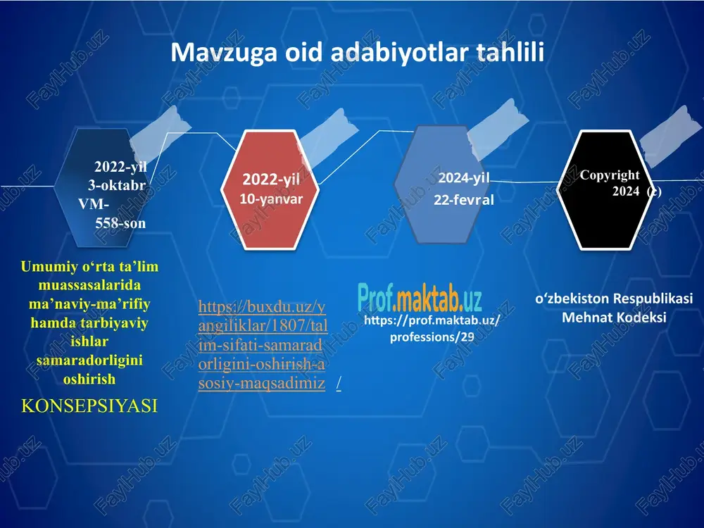 sh o‘quv yili davomida foydalanishlari uchun zamonaviy, interaktiv, video va media darsliklardan foydalanib o‘qitish tizimini yaratish xodimlar ish samaradorligini oshirish uchun sinflardagi uquvchilar sonini 30 nafardan oshirmaslik mavzu yuzasidan xulosa maktabda xodimlarning ish samaradorligi, ta’limning sifati va samaradorligini ta’minlash juda muhimdir. xorijiy tajribalar va tahlillar asosida quyidagi asosiy xulosalar chiqarilishi mumkin: oʻqituvchilarni tanlash, muntazam va uzluksiz malakasini oshirish: erkin tanlov jarayoni samarali oʻqituvchilarni jalb qilish va ular orqali ta’lim sifatini oshirish muhim. doimiy malaka oshirish kurslari, treninglar va seminarlar orqali oʻqituvchilarni kasbiy rivojlanishini ta’minlash. motivatsiya va ragʻbatlantirish: oʻqituvchilarga yuqori maosh va imtiyozlar, shuningdek, e’tirof va ragʻbatlantirish tizimi orqali motivatsiya berish. yaxshi ish sharoitlari va erkinlik ham motivatsiyani kuchaytiradi. pedagogik innovatsiyalar: zamonaviy pedagogik usullar va texnologiyalarni ta’lim jarayoniga joriy qilish oʻqituvchilarning samaradorligini oshiradi. innovatsiyalarni joriy qilishda oʻqituvchilarga erkinlik berish va ularning ijodiy yondashuvlarini qoʻllab-quvvatlash. kommunikatsiya va hamkorlik: ochiq va samarali kommunikatsiya oʻqituvchilar oʻrtasida hamkorlikni kuchaytiradi. jamoaviy ish va tajriba almashish ta’lim …