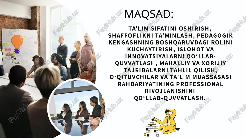 holash (o’zb onlayn-natija monitoring) jamoatchilik ishtirokini ta’minlash (onlayn forum-jamoa fikri) takliflar: pedagogik kengashlarning faoliyatini raqamlashtirish va kengash qarorlarini onlayn platformalarda e'lon qilishni joriy etish. ota-onalar va o‘qituvchilarning pedagogik kengash faoliyatidagi ishtirokini oshirish uchun kommunikatsiya kanallarini yaratish. pedagogik kengashlarning qarorlarini monitoring qilish va samaradorligini baholash uchun maxsus tizimlarni yaratish. pedagogik kengash a'zolarining malakasini oshirish va ilg‘or tajribalarni o‘rganish uchun treninglar va seminarlar tashkil etish. xorijiy tajribalarni o‘rganish va o‘zbek sharoitiga moslashtirish orqali pedagogik kengash faoliyatini modernizatsiya qilish. 1 2 3 4 5 pedagogik kengash faoliyati samaradorligini oshirish va shaffofligini ta’minlash bo‘yicha chora-tadbirlar rejasi; e’tiboringiz uchun rahmat image1.png image2.svg image3.jpeg image4.png image13.png image14.svg image15.png image16.svg image17.png image18.svg image19.png image5.png image6.png image7.png image8.svg image9.png image10.svg image11.png image12.svg image20.png image21.svg image22.png image23.png image24.png image25.png image26.png image27.gif image28.gif image37.svg image38.png image39.svg image40.png image41.svg image42.png image43.svg image29.png image30.svg image31.gif image32.png image33.svg image34.png image35.svg image36.png image52.png image53.svg image54.png image55.png image56.png image57.png image58.svg image59.png image60.svg image61.png image44.png image62.svg …