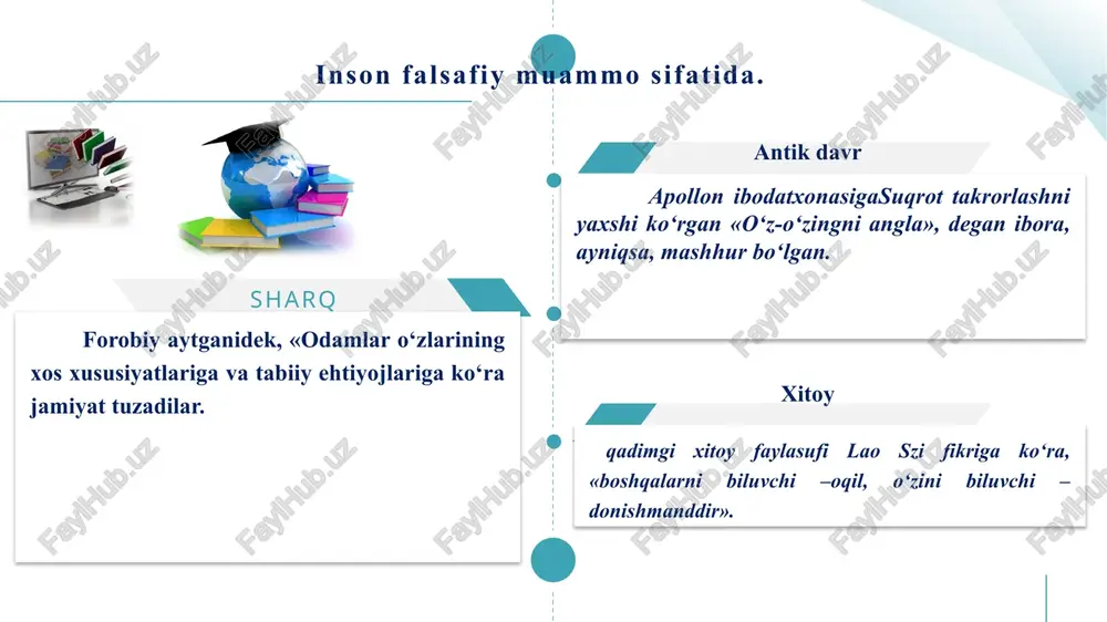 am o‘z ichiga oluvchi falsafiy qarashlar tizimi sifatida maydonga chiqadi. «introvertiv» va «ekstrovertiv» yondashuvlar, ayniqsa, ajralib turadi. introvertiv yondashuv insonning ong, jon, ruhiyat, instinktlar, nuqsonlar, fazilatlar kabi muhim xususiyatlarini tahlil etib, uni «ichdan» tushunish, anglab etishni nazarda tutadi. ekstravertiv yondashuv insonga nazar tashlash, uning mohiyatini tahlil qilish go‘yoki «sirtdan» amalga oshiriladiki, buning natijasida diqqat markazidan uning ijtimoiy va tabiiy mohiyati o‘rin oladi; tegishli mo‘ljallarga muvofiq insonning xudo, kosmos, universum va shu kabilar bilan aloqasi tahlil qilinadi. mistika, ezoterika, okkultizm bilan belgilanadi. bunday yondashuvlar, ayniqsa, nemis antropologlari m.sheler (1874–1928) va a.gelen (1904–1976), avstriyalik faylasuf k.lorens (1903–1989) ijodiga xosdir. 01 02 03 04 introvertiv va ekstrovertiv yondashuvlar, biologizatorlik va sotsiologizatorlik konsepsiyalari tarix, sotsiologiya, ekologiya, teologiya bilan ittifoq tuzadiki, bu hol diniy falsafa vakillari n.a.berdyaev, s.n.bulgakov, s.l.frank biologizatorlik konsepsiyalarining tarafdorlari, insonni uning tabiiy, biologik asosidan kelib chiqib tushuntirishga harakat qiladi. sotsiologizatorlik konsepsiyalari. biologizatorlik yondashuviga zid o‘laroq, sotsiologizatorlik yondashuvi inson tabiatini ijtimoiy munosabatlarda ko‘rishga …