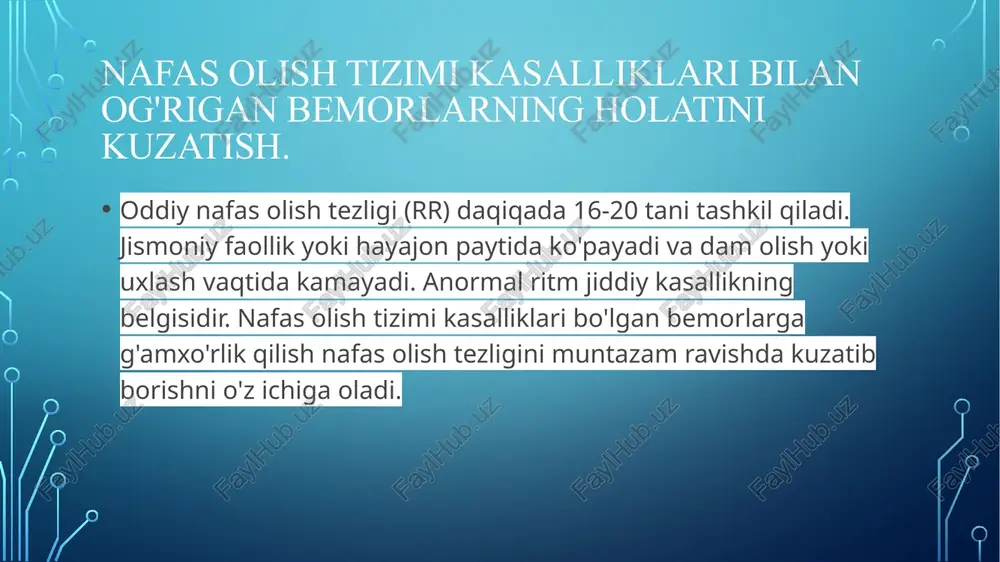 radial arteriyada aniqlanadi, chunki bu yerda arteriya yuzaki joylashgan va yaxshi paypaslanadi. odatda, puls ritmik, ikkala qo'lda bir xil paypaslanadi, uning chastotasi dam olishda kattalarda daqiqada 60-90 ni tashkil qiladi. yurak-qon tomir tizimi kasalliklari bilan og'rigan bemorlarning holatini kuzatish. arterial qon bosim - yurak faoliyati davomida arterial tizimda hosil bo'ladigan bosim. yurak siklining fazasiga qarab sistolik va diastolik qon bosimi farqlanadi. sistolik va diastolik qon bosimi o'rtasidagi farq puls bosimi deb ataladi. qon bosimi yurak chiqishi hajmiga, umumiy periferik tomir qarshiligiga, qon hajmiga va yurak urish tezligiga bog'liq. qon bosimini o'lchash sog'lom va kasal odamlarda gemodinamik holatni kuzatishning muhim usuli hisoblanadi. nafas olish tizimining eng keng tarqalgan kasalliklari. umumiy xarakteristikalar (tonzillit, laringit, traxeit, bronxit, pnevmoniya, plevrit, bronxial astma, surunkali obstruktiv o'pka kasalligi, nafas yetishmovchiligi). tomoq og'rig'i - bu bodomsimon bezlar yoki boshqa limfa tugunlarining o'tkir yallig'lanish bilan kechadigan yuqumli kasalligi. buni asosiy qo'zg'atuvchi omillari viruslar, zamburug'lar yoki bakteriyalardir. farenksning limfoid …
