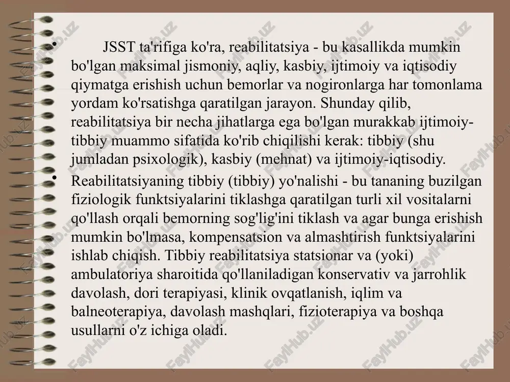 uvchi faol terapiya usuli - katta yoshdagi kishilarda tibbiy reablitasiya etaplaridagi qo‘llab quvvatlovchi terapiya usuli - bemorlarni kompleks davolashdagi qayta tiklash terapiya usuli. davolash jismoniy tarbiyasining davolovchi ta'siri 4 ta asosiy mexanizmi tonusni oshiruvchi ta'siri shundan iboratki, jismoniy mashqlar organizmda biologik jarayonlar intensivligini o‘zgartiradi, ya'ni bosh miya yarim sharlari po‘stlog‘i harakat hududidan impul'slar harakat apparatiga hamda vegetativ asab tizimi markaziga uzatilib , qo‘zg‘atuvchi ta'sir qiladi. markaziy asab tizimining qo‘zg‘alishi va ichki sekresiya bezlari faoliyatining kuchayishi vegetativ funksiyalarni yaxshilaydi . natijada yurak-qon tomir va nafas faoliyati yaxshilanadi, moddalar almashinuvi va turli himoya reaksiyalari, immunobiologik jarayonlar kuchayadi. markaziy asab tizimiga qo‘zg‘atish jarayonlarini kuchaytiruvchi mashqlarning (yirik mushaklar uchun, tez tempdagi), tormozlash jarayonlarni kuchaytiruvchi mashqlar (nafas mashqlari) bilan navbatma-navbat olib borilishi asab jarayonlari mo‘'tadil harakatchanligini tiklanishiga olib keladi. trofikasini (oziqlanish) yaxshilash- mushaklar faoliyati ko‘chayishi hisobiga organizmda almashinuv hamda qayta tiklanish jarayonlari tezlashadi. trofikaning yaxshilanishi harakat – viseral reflekslar mexanizmi bilan kechadi. proprioseptiv reflekslar moddalar …