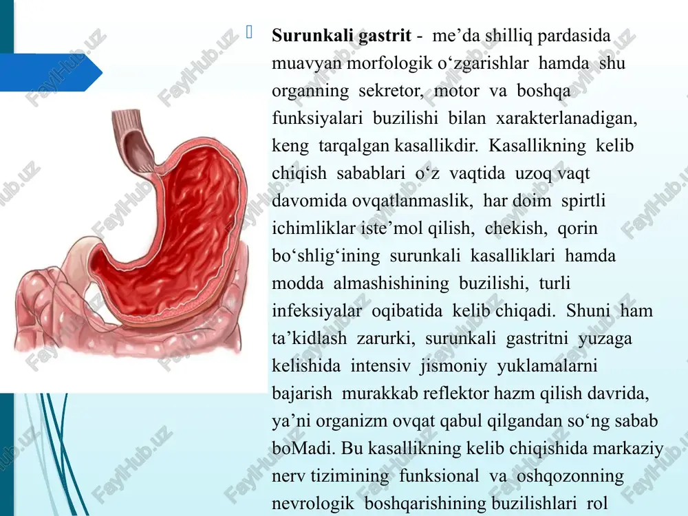 chap yonboshda qo‘l va oyoqlarda turgan holatda, stulda o‘tirgan holatda jismoniy mashqlar o‘tkaziladi. davolash gimnastikasi majmualarida skelet mushaklarini bo‘shashtirishga beriladigan mashqlarga ham katta e’tibor beriladi. ayniqsa, qo‘l va oyoqlarga beriladigan tebranish mashqlari turgan holatda. ba’zi vaqtlarda oshqozon peristaltikasi va tonusi pasayganda, gantel bilan beriladigan mashqlar tavsiya etiladi. o‘n ikki barmoqli ichak va oshqozon yarasida davolash gimnastikasining taxminiy majmuasi 1.d.h. - o’tirgmchda o‘tirib, qomlar ko‘krak oldida. yonlarga buralish qomlami yozish bilan (6-8 marta). 2. d.h. - avvalgi. navbat bilan oyoqlarni to‘g‘rilash (8-10 marta). 3. d.h. - avvalgi. qo’llami tepaga komarib, chap oyoqni tizzada egib-nafas olish. d.h.ga qaytish-nafas chiqarish (5-7 marta). 4. d.h. - o’tirgmchda o’tirib. chuqur cho‘kkalash-nafas chiqarish; d.h. ga qaytish-nafas olish (6-8 marta). 5. d.h. — o’tirib, panjalar tizzada. tizzalami yonlarga yozish- nafas olish. d.h.ga qaytish-nafas chiqarish (6-8 marta). 6. d.h. — o’tirib. navbatma-navbat tizzalar va tos-son bo‘glamini egish (5-7 marta). 7. d.h. - o’trg’ch oldida turish. chap va o‘ng …