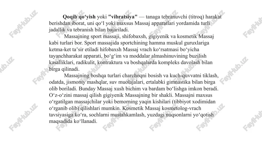 alablar eng avvalo massajchi o’z qo’llariga e’tibor berishi lozim. qo’llar quruq, toza bo’lishi shart. qo’l terisi butun, tirnoqlari kalta qilib kesilgan bo’lishi lozim. har bir massajdan oldin massajchi qo’lini iliq suv va sovun bilan yuvadi. massaj tugagach yuvilgan qo’llariga kremlar yoki yumshatuvchi suyuqliklarni surtishi kerak. massajchi massaj qilish vaqtida oq, toza halatda va qulay poyafzalda bo’lmog’i lozim. qo’llarida hech narsa bo’lmasligi kerak, chunki massaj vaqtida teri shikastlanishi mumkin. massaj oluvchi gigienasi massaj seansi oldidan massaj oluvchi iliq dush qabul qilishi yoki ho’l sochiq bilan artinib, so’ng tanasini quritishi kerak. mahalliy massajda iflos joyni spirt bilan artish mumkin. agarda teri qalin tuk bilan qoplangan bo’lsa, massajni mato yopib qo’yib yoki har xil massaj emulsiyalari ishlatib olib borish mumkin. shunday qilganda tuklar ildizi ta’sirlanmaydi. massaj oluvchi qorni bilan yotganida qo’l mushaklarining bo’shashish holatlariga erishiladi. oyoq mushaklarini bo’shashtirish holatiga tizza bo’g’ini ostiga yostiq qo’yib (tizza bo’g’imi 25-400 bukilganda) yoki oyoqning tagidan ushlab osilgan …