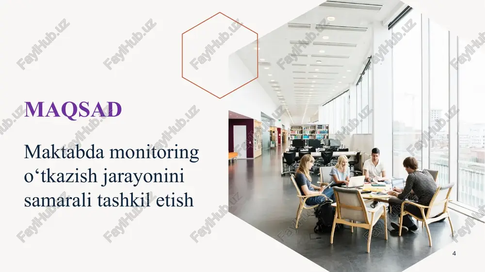 m muassasalarining umumiy faoliyatini yangicha yondashuv bilan olib borishga qaratilgan jarayondir. monitoring jarayoni, o‘qituvchilarning kuchli va zaif tomonlarini aniqlash orqali ularning malakasini oshirish choralari ko'riladi. bu esa o‘qituvchilarning ta’lim jarayonidagi yangicha yondashuvi va ularning samaradorligini oshiradi. ta’lim muassasalarining umumiy faoliyati, boshqaruv tizimi va infratuzilmasi ham baholanadi, bu esa ta’lim muassasalarining ishini yaxshilash va ta’lim jarayonini samarali tashkil etish uchun muvofiq strtegiya hamda zarur chora-tadbirlarni ishlab chiqishga yordam beradi. monitoring jarayoni, ta’lim jarayoniga yangi texnologiyalar va innovatsiyalarni tatbiq etish imkoniyatini beradi. zamonaviy axborot-kommunikatsiya texnologiyalarini qo‘llash orqali ta’lim sifatini oshirish va o‘quvchilarning o‘qish jarayoniga qiziqishini kuchaytiriladi. 11 monitoring jarayonida imkoni boricha inson omilini kamaytirish, buning uchun monitoring jarayonlarini zamonaviy axborot kommunikatsiya vositalaridan foydalangan holda tashkil etish maktabdagi 4-sinf o‘quvchilari o‘tasida pirls, 9-sinf o‘quvchilari o‘rtasida tims, 15 yoshli o‘quvchilari o‘rtasida pisa xalqaro tadqiqotlari savollaridan foydalangan holda ichki monitoring o‘tkazish. monitoring natijalariga ko‘ra kimnidir kamsitish yoki kimnidir jazolashni mutlaqo taqiqlash, monitoring natijalaridan faqatgina tahlil …
