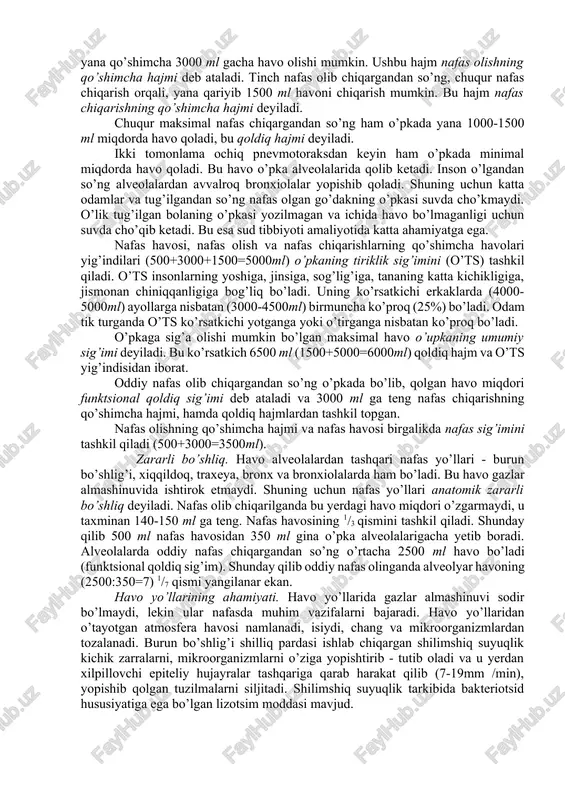 sun’iy nafas oldirish, ya’ni nafas yo’llari orqali o’pkaga havoni ritmik ravishda kiritish yoki ko’krak qafasini tabiiy nafas harakatlari kabi sun’iy ritmik kengaytirish va qisish kerak. yopiq pnevmotoraks bo’lganda u yerdagi havo ma’lum vaqt o’tgandan so’ng qonga so’rilib ketadi va yana plevral bo’shliqdagi bosim manfiy bo’lib qoladi. plevra bo’shlig’ida bosimning manfiy bo’lishiga asosiy sabab, bu o’pka to’qimasining elastik tortishish kuchi va plevra pardalarining havoni so’rish hususiyatiga ega ekanligi. nafas olish va chiqarish vaqtida ko’krak qafasi bo’shlig’i kengayib kichrayib turadi. shunga monand ravishda o’pka ham passiv ravishda kengayib, kichrayib harakat qiladi. bunday harakatlarni donders modelida o’rganish mumkin. donders modeli tubiga rezina parda qoplangan shisha idishdan iborat. idishning yuqori qismi berkitilgan bo’lib uning o’rtasidan shisha nay o’tkazilgan. unchalik katta bo’lmagan hayvondan (kalamush, quyon yoki mushukcha) qirqib olingan o’pka traxeya, bronxlari bilan birgalikda shisha idishchaga o’rnatiladi. idish ichidagi bosim monometr orqali o’lchanishi mumkin. idishning rezina pardali tubi pastga tortilsa, idish hajmi kattalashadi, ichidagi bosim …