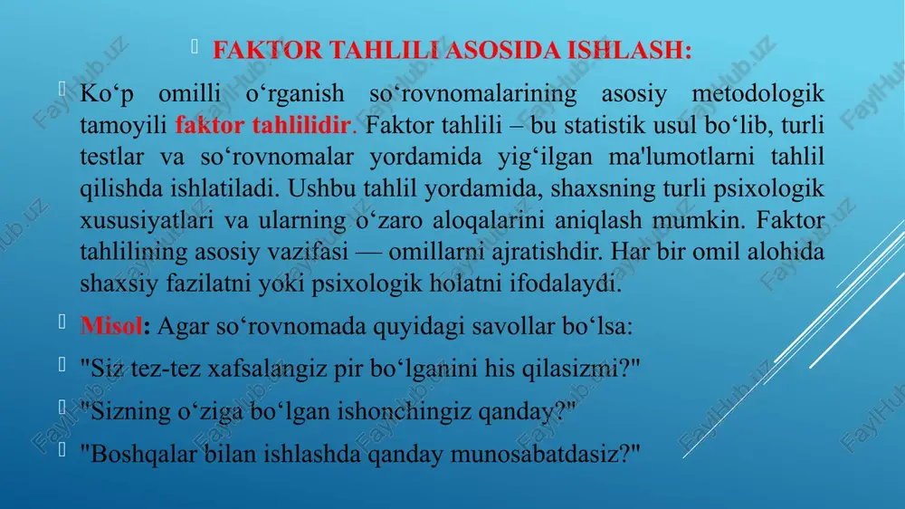 tiqiy fikrlashdan ko‘ra, g‘oyalar va tasavvurlarga qiziqish. mustahkamlik (privateness, l) – maxfiylik, boshqalar bilan bo‘lishishni istamagan hissiy holatlar. ijtimoiy mas’uliyat (apprehension, m) – o‘ziga nisbatan ishonchsizlik, xavotir va muammolarni hal qilishda qo‘rquv. boshqaruvga moyillik (openness to change, n) – yangi tajribalar va o‘zgarishlarga ochiqlik. kelishuv (self-reliance, q1) – mustaqillik, o‘z kuchiga tayanish va o‘z qarorlarini qabul qilish qobiliyati. boshqarish (perfectionism, q2) – mukammallikka bo‘lgan ehtiros, yuqori darajadagi tashkiliy qobiliyat. stressga qarshi chidamlilik (tension, q3) – stressni boshqarish va ziddiyatli vaziyatlarga qanchalik tayyorlik. ijtimoiy izolyatsiya (self-control, q4) – o‘zini boshqarish, tartibga rioya qilish, ichki qoidalarga amal qilish. pragmatiklik (independence, q5) – mustaqil qarorlar qabul qilish, boshqalar fikriga bog‘liq bo‘lmaslik. g.ayzenkning shaxsni tadqiq etish metodikalari (epi, epq, pen) g.ayzenkning shaxsni tadqiq etish metodikalari (epi, epq, pen) — bu psixologiya sohasida shaxsning psixologik xususiyatlarini o‘rganish uchun ishlatiladigan testlar va metodikalardir. g.ayzenkning bu metodikalari asosan shaxsiy xususiyatlar, temperament, va motivatsion fazilatlarni aniqlashga qaratilgan. ularning …