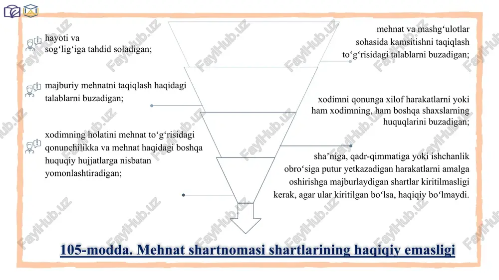 ngdek unga oʻzgartish va qoʻshimchalar kiritish qonunchilikda belgilangan tartibda “yagona milliy mehnat tizimi” idoralararo dasturiy-apparat kompleksida roʻyxatdan oʻtkazilishi shart. (yangi tahrirdagi kodeksimizda qatʼiy belgilandi) mehnat shartnomasining muddati: 2 1 3 nomuayyan muddatga; 3 yildan koʻp boʻlmagan muddatga muddatli tuziladi agar mehnat shartnomasida uning amal qilish muddati shartlashilmagan boʻlsa, shartnoma nomuayyan muddatga tuzilgan deb hisoblanadi. muddatli mehnat shartnomasi tuzish: xodim bilan muddatli mehnat shartnomasi tuziladigan hollar (mk 112- modda) xodim bilan muddatli mehnat shartnomasi tuzilishi mumkin boʻlgan hollar (mk 113-modda) mehnat shartnomasini tuzish: ishga qabul qilish bosqichlari ( 122-modda) 2 ishga qabul qilish chogʻidagi tanishtirish tartib-taomilini; mehnat shartnomasi shartlari boʻyicha taraflarning kelishuvga erishishini hamda shartnomani xodim va ish beruvchi tomonidan imzolashni; ish beruvchi tomonidan xodimni ishga qabul qilish toʻgʻrisida buyruq qabul qilishni hamda ishga qabul qilish haqidagi maʼlumotlarni xodimning mehnat daftarchasiga va “yagona milliy mehnat tizimi” idoralararo dasturiy-apparat kompleksiga kiritishni. 3 1 ishga qabul qilish quyidagi bosqichlarni oʻz ichiga oladi: ishga …