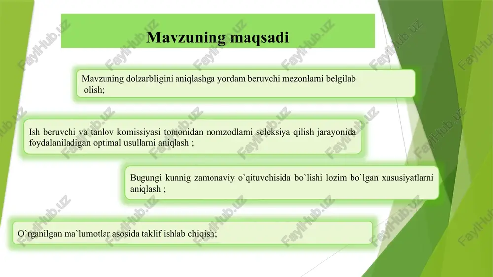 sh mahorati esa kuzatuv va suhbatlar orqali baholanadi. o'zbekistonda o'qituvchilarni ishga qabul qilishda shaffoflikni oshirish, davlat darajasidagi sertifikatlash imtihonlarini joriy etish va malaka oshirish dasturlarini kengaytirish tavsiya etiladi. bu yondashuvlar ta’lim sifatini oshirib, xalqaro standartlarga moslashishga yordam beradi. 2 o‘zbekistonda pedagoglarni ishga qabul qilish va seleksiya jarayonida raqamli tizimlar hali to'liq rivojlanmagan yaponiyada o‘qituvchilarni maktabga seleksiya qilish qat’iy bosqichlarga asoslangan. dastlab, nomzodlar pedagogika sohasida ta’lim olib, o‘qituvchilik litsenziyasini olishlari kerak. keyinchalik, davlat yoki mahalliy imtihonlar topshiriladi, suhbat va dars kuzatuvi orqali nomzodning o‘qitish uslubi va pedagogik tajribasi baholanadi. universitetning bakalavr va magistratura bosqichlarida kasbiy tayyorgarlik kurslarini tashkil etish yoki shu yo‘nalishdagi fanlar hajmini ko‘paytirish hamda oliy ta’lim muassasalari bilan uzviy hamkorlikni yo’lga qo’yish lozim. 3 hozirgi kunda qayta tayyorlovdan o‘tgan mutaxassislar o‘qituvchi sifatida ishga kirish uchun murojaat qilmoqdalar avstraliyada o‘qituvchi bo‘lib ishga kirish uchun nomzodlar pedagogika yoki tegishli sohada bakalavr darajasiga ega bo‘lishi va o‘qituvchilik ro‘yxatiga kiritilishi uchun sertifikat olishi …