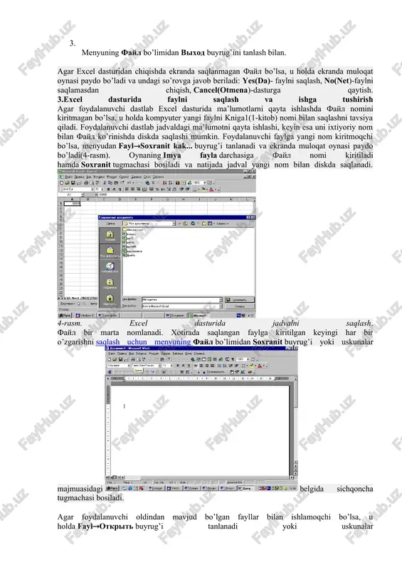 diskda saqlanadi. 4-rasm. excel dasturida jadvalni saqlash. fayl bir marta nomlanadi. xotirada saqlangan faylga kiritilgan keyingi har bir o’zgarishni saqlash uchun menyuning fayl bo’limidan soxranit buyrug’i yoki uskunalar majmuasidagi belgida sichqoncha tugmachasi bosiladi. agar foydalanuvchi oldindan mavjud bo’lgan fayllar bilan ishlamoqchi bo’lsa, u holda faylotkrit buyrug’i tanlanadi yoki uskunalar majmuasidagi belgida «sichqoncha» tugmachasi bosiladi va ekranda quyidagi muloqat oynasi paydo bo’ladi(5-rasm). 5-rasm. excel dasturida faylni ishga tushirish. ekranda fayllar ro’yxati paydo bo’ladi va “sichqoncha” ko’rsatkichi bilan fayl nomi tanlanadi va otkrit tugmachasi bosiladi. umuman olganda fayllarni ishga tushirish va saqlash word dasturi kabi amalga oshiriladi. excel dasturi ham word dasturi kabi ko’p oynali dastur hisoblanadi. 3. excel dasturida jadvallar bilan ishlash, jadvalga ma’lumotlar kiritish excel dasturida tuzilgan jadvalga asosan 3 turdagi ma’lumotlar kiritiladi: matnli, sonli va formula. jadvalga ma’lumotlar klaviatura tugmachalari yordamida kiritiladi. qaysi yacheykaga ma’lumot kiritilishi kerak bo’lsa, kursor o’sha yacheykada turishi kerak. sonlar. kiritilgan ma’lumotlar faqat raqamlar ketma-ketligidan …