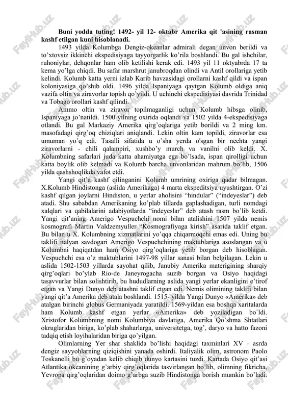 1 yilda genuyada tug’ilgan. portugaliya qirg’oqlarida kema halokatidan omon qolgan kolumb portugaliyada qolib, dengizchilik ilmini o’rganadi. g’arb tomonga suzib osiyo qirg’oqlariga yetib borish fikri shu yerda tug’iladi. 1485 yilda bu fikrni u qirolga taqdim etadi va rad javobini oladi. shundan so’ng u ispaniyaga borib o’z g’oyasini amalga oshirish uchun 7 yil ruxsat kutadi. nihoyat qirol uni qabul qilib, u bilan shartnoma tuzadi. shartnomaga ko’ra, agar muvaffaqiyat qozonilsa, x.kolumb yangi ochilgan yerlarning hukmdori, vise-qirol va admiral unvonini olishi, barcha daromadlarning 1/10 ga egalik qilishi, ekspedisiya xarajatlarining 1/8 qismini va savdo xarajatlarining ham 1/8 qismini to’lashi kerak bo’lar edi. 1492 yil 3 avgustda 2 ta karavella “pintya” va “ninya” hamda flagman “santa-mariya” og’ir kemalari palos portidan yo’lga chiqdi va 3 kundan so’ng kanar orollaridan o’tib ochiq okeanga chiqdi. "men oltin va ziravorlar topiladigan joyga yetib borishga harakat qilaman", deb yozgan u o'z kundaligida. ta’kidlash lozimki, ekspedisiyaning muvaffaqiyatiga deyarli hech kim ishonmagan, kemalar …