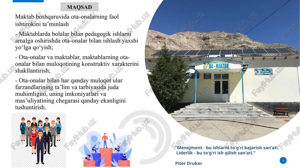 ini bolalarini o‘qitishga sarflaydilar. mavzu yuzasidan xorijiy tajribalarni o‘rganilganligi 7 9 № amaldagi holat (germaniyada) amaldagi holat (o‘zbekiston) taklif 1 germaniya davlati pedagoglari “istedodsiz o‘quvchining o‘zi yo‘q” deb hisoblashadi, shunga ko‘ra ular o‘quvchilarning fikri xato bo‘lsa ham mustaqil fikri bo‘lishiga xarakat qilishadi bizda ko‘pincha o‘quvchilarning fikrini tinglamaydi, xato fikr aytadigan bo‘lsa bolani mustaqil fiklashga bermaydi va o‘quvchining fanga bo‘lgan qiziqishi so‘nadi milliy, ma’naviy-axloqiy qadriyatlar va mezonlar, bayramlar, o‘yinlarni tashkil qilish va o‘quvchilarning mustaqil fikrlashga imkon berish kerak 2 amaldagi holat (xitoyda) amaldagi holat (o‘zbekiston) taklif xitoyda ota-onalar farzandini ta’limga juda kata sarmoya kiritishadi. chunki, ular bu sarmoya vaqti kelib yuz barobar bo‘lib qaytishiga ishonchi komil. farzandini iqtidoridan kelib chiqib unga vaqtida e’tibor berishadi o‘zbekistonda ota-onalar farzandini ta’limigaga kam sarmoya kiritishadi. farzandini iqtidoridan kelib chiqib unga vaqtida sharoit yaratib bermaydi biz ham ota-onalarga farzandini ta’limi uchun kiritilgan sarmoyasi erta bir kun kelib albatta o‘z mevasini berishiga ishontirishimiz kerak 3 amaldagi holat …