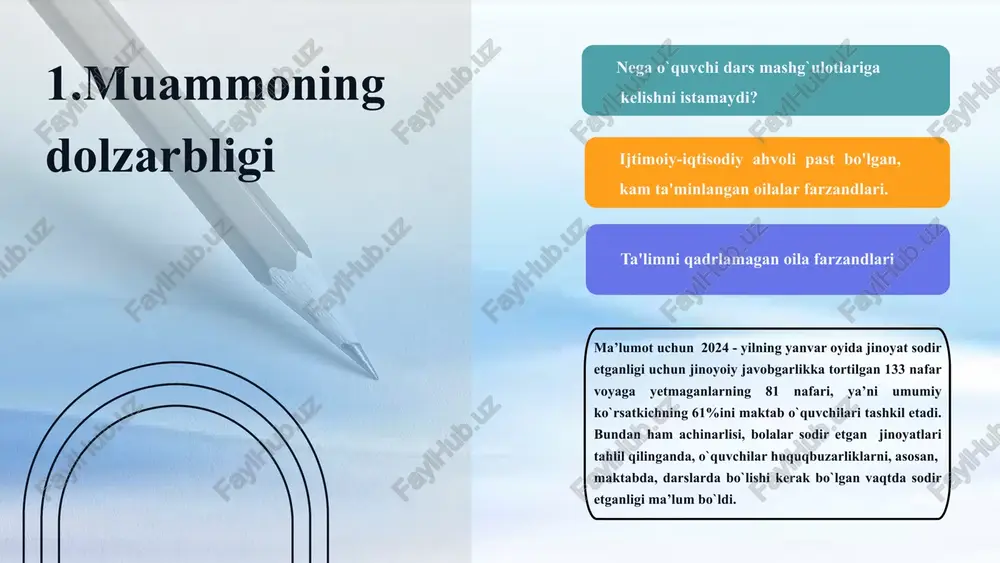 idan kelib chiqib individual ishlanadi. uning oilaviy ahvoli, maktab-mahalla, sektor-tuman darajasida o`rganilib o`quvchi tumanda (shaharda) na’munali faoliyat yuritayotgan 35 yoshgacha bo’lgan yoshlarga biriktiriladi (bunda, albatta, o`quvchini kimga biriktirish xohishi birinchi o`rinda turadi.) haftaning 1 kuni ( soat 9:00 dan 14:00 ga qadar) o`quvchi barcha darslardan ozod qilinadi va o`sha kunini o`ziga biriktirilgan yosh (u tadbirkor, fermer, duradgor, yoki davlat xodimi bo`lishi mumkin) bilan uning ishxonasida o`tkazadi, ish faoliyati bilan yaqindan tanishadi, tajriba orttiradi va o`z kelajagini belgilaydi. chora-tadbirlar t/r muammo amalga oshirish mexanizmi mas’ullar muddat natija 1. maktabda ko`p dars qoldiradigan o`quvchilar bilan tizimli ishlarni amalga oshirish 1.hafta davomida 100% kelgan o`quvchilarni ertalabgi saflanishda rag`batlantirib borish maktab direktori, mmibdo` va sinf rahbarlar hafta davomida o`quvchilarni darslarga to`liq ishtirok etishi taminlanadi va bu o`z –o`zidan ta’lim sifatinng oshishiga olib keladi. 2. o`quvchilarning maktabga doimiy kelishini ta’minlash 1.o`quvchilarni o`zlari qiziqqan sohaga yo’naltirish choralarini ko’rish maktab direktori, mmibdo’, maktab psixologi va sinf rahbarlar …