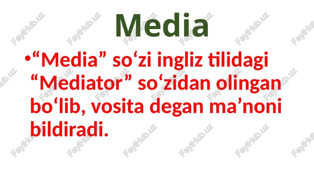 tirildi. shvetsiyada u 1980-yildan boshlab ta’lim muassasalarida alohida fan sifatida o‘qitila boshlangan. 1990-yillarda rossiyada mediata’limni ilmiy tadqiq etishga urinishlar bo‘lib, o.baranov, s.penzin, a.fyodorov, a.sharikova va boshqalarning tadqiqotlari bunga misol bo‘la oladi. mediata’lim 2002-yili pedagogika oliy ta’lim yurtlari uchun mediata’lim ixtisosligi bo‘yicha yo‘nalish ochildi. 2005-yili esa yunesko homiyligida “mediata’lim” darsligi yaratildi va rossiyada kinota’lim va mediapedagogika sayti ishga tushirildi. media madaniyat media madaniyat bu - turli media asarlarni tahlil qilish, baholash, yaratish uchun zarur bo’ladigan bilim, ko’nikma va malakalar yi’indisidir. ukrainalik pedagog olima s.m.sterdenko media madaniyati yuqori qo’yishini shunday tasvirlaydi: 1) uning media bog‘lanishlari soni va davomiyligi rejalashtirilgan bo‘ladi; 2) o’ziga kerakli axborotni to‘g‘ri tanlay oladi; 3) axborotga tanqidiy yondashadi, chunki medianing zararli ta’sirlarini biladi, qarshisida ochilgan mediamatnni o‘z filtridan o’tkazib, keyin qabul qiladi; 4) mediamahsulotdan foydalanishda axloq me’yorlariga amal qiladi; 5) mediamahsulot yarata oladi. internet tizimida oʻzbekistonning 300 dan ortiq sayti faoliyat koʻrsatmoqda. statistik ma’lumotlarga ko‘ra telegramda 18 million “odnoklassniki”da …