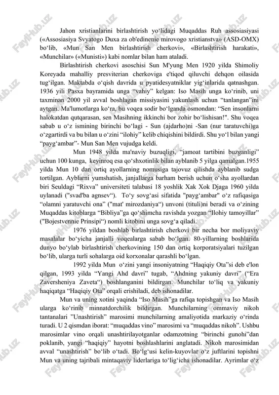 rientalistik maktablar va kul'tlar – “tirik axloq”(agni yoga), «krishnani anglash jamiyati», «transsendental' meditasiya», «aum-sinrikyo», «saxadja-yoga» va b.); - yangi majusiy tashkilotlar va kul'tlar – “runvira” ukrain milliy e'tiqodi cherkovi, rossiya jarangli kedrlari, omsk “qadimgi diniy e'tiqodiga qaytish kul'ti” va boshqalar kiradi. “sekta” so‘zi, eng umumiy ma'noda, muayyan diniy, siyosiy yoki falsafiy qarashlarga ergashuvchilar guruhini anglatadi. “diniy sekta” deganda ma'lum bir dindagi rasmiy aqidalarga zid ravishda ajralib chiqqan yoki mavjud dinlar va konfessiyalarga umuman aloqasi bo‘lmagan holda din bayrog‘i ostida faoliyat ko‘rsatadigan guruhlar tushuniladi. bugungi kunda har ikkala yo‘nalishga mansub bo‘lgan ko‘plab sektalar faoliyat ko‘rsatmoqda. mutaxassislar ularning sonini taxminan 5000 atrofida, deb ko‘rsatadilar. soxta xristianlik harakatlari. zamonaviy voqelik diniy-ekstremistik xarakterdagi sektalarning inson ongi va qalbi uchun kurash yo‘lidagi faoliyatining jonlanishi kuzatilayotganini ko‘rsatmoqda. xususan, ma'lumotlarga ko‘ra, qo‘shni davlatlarda "bogorodichiy sentr", "serkov' ob'edineniya", "serkov' isusa", "serkov' novogo zaveta", "beloe bratstvo", "bojestvenniy orden pervogo angela" kabi o‘nlab diniy sektalar noqonuniy ravishda faoliyat olib bormoqda. …