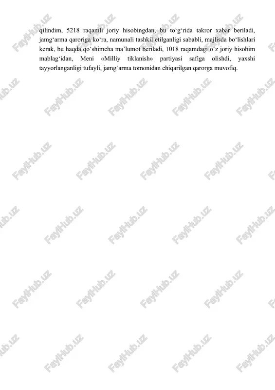 2. mendan hamma-ga.... (ayniqsa, xususan) sinfdoshlaringga... (tegishli, ko‘pdan-ko p) salom... (-ni, -lar) yetkaz... (-ishingni so‘rayman, -asan deb oflayman). 3. ushbu... (xat, maktub) senga qaysi... (kun, sana)da yetib bor... (-ishi bilan, -sa) darrov javob yoz... (-ishing kerak, -giri), xo‘pmi. 4. yuborgan... (mablag‘, pu/)laringizni oldim, katta... (rahmat, tashakkur)\ 5. bo‘sh qol... (-dimmi, -gan taqdirda) xayolimni sizdan uz... (-ishim mumkin emas,— ol- may qolaman). 6. menga ko‘rsatgan... (maxsus, katta) yorda- mingiz... (orqali, tufayli) ishlarim... (rivojlandi, yurishib ketdi). 7. siz bilan... (tez muddatda, yaqin kunlarda) ko‘rishish... (umidi- daman, zarur). mashq. berilgan so‘z birikmalari va gaplarni ma’nodoshlari bilan yonma-yon qo‘yib daftaringizga ko‘chiring. yig‘ilishda qatnashishlari shart, «milliy tiklanish» partiyasi a’zoligiga qabul qilindim, 5218 raqamli joriy hisobingdan, bu to‘g‘rida takror xabar beriladi, jamg‘arma qaroriga ko‘ra, namunali tashkil etilganligi sababli, majlisda bo‘lishlari kerak, bu haqda qo‘shimcha ma’lumot beriladi, 1018 raqamdagi o‘z joriy hisobim mablag‘idan, meni «milliy tiklanish» partiyasi safiga olishdi, yaxshi tayyorlanganligi tufayli, jamg‘arma tomonidan chiqarilgan qarorga muvofiq.
