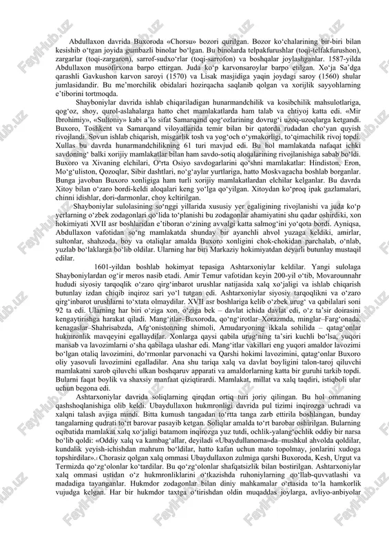 sabatlari bosqichida edilar. ayrim qabilalar tepasida voris zodagonlar–chingizxon xonadonidan bo‘lgan sultonlar turardi. o‘z navbatida qabilalar, urug‘lar va avlodlarga bo‘lingan edi. ular sultonlar bilan birga qabilalarning yetakchisi beklar va biylar tomonidan boshqariladi. ulardan eng qudratlilari xon etib saylanardi. xonning o‘z lashkari bo‘lib qabilalarning yigitlari bilan birga uning qurolli kuchlarini tashkil etgan. shayboniylar o‘rta osiyo hududlarini egallagach g‘olib ko‘chmanchilarning asosiy ommasi toshkent yaqinida, zarafshon vodiysi, qashqadaryo, surxondaryo va sirdaryo vohalarida joylashdilar. ko‘chmanchilarning anchagina qismi amudaryoning chap qirg‘og‘iga, hozirgi afg‘onistonning shimoliy hududlariga ko‘chadilar. yer-suvlar qaytadan taqsim qilinadi. shayboniylar davlati dastlab mulklarga taqsimlangan. buxoro, samarqand, toshkent, balx, hisor va boshqalar ana shunday mulklar hisoblangan. mahalliy va ko‘chmanchi zodagonlar bu mulk egalariga xizmat qilganlar. yengilgan zodagonlarning yer-mulklari va boyliklarini musodara qilingan, qarshilik ko‘rsatganlar shafqatsiz suratda jazoga mahkum etilgan. jumladan, xo‘ja ahrorning shayboniylar bosqiniga qarshilik ko‘rsatishni uyushtirishga uringan o‘g‘li, yolg‘iz merosxo‘ri muhammad yaxyoqatl etiladi. uning butun mol-mulki va dunyosi musodara qilindi va shayboniylarning ko‘pdan ko‘p qarindosh–urug‘lariga, …