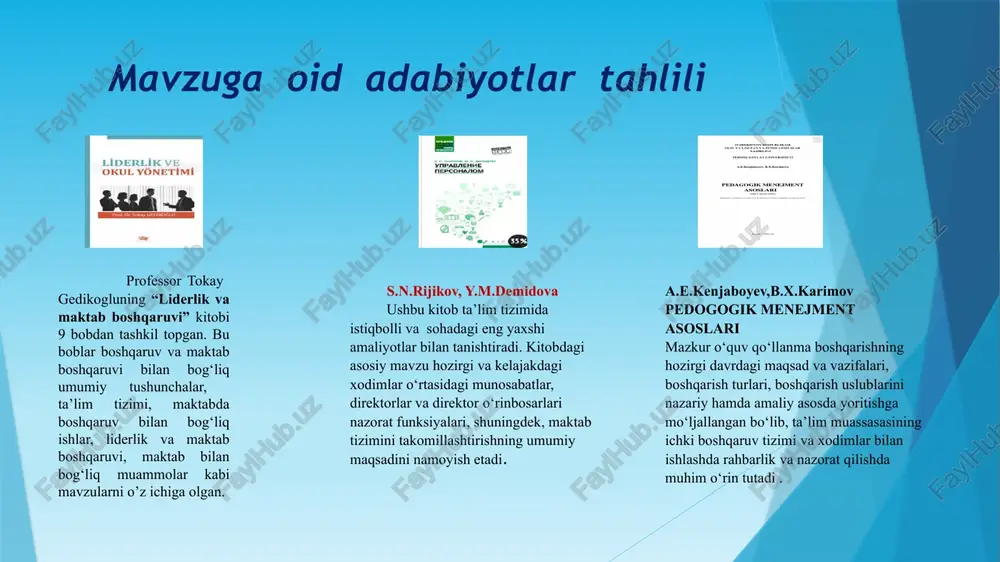 borayotgan pedagoglar, xodimlar va ota-onalar o‘rtasida o‘zaro nazoratning sustligi. turkiyada maktab faoliyatida ishtirok etadigan va maktab xodimlarining ish faoliyati to'g'risida o'z fikrlarini bildiradigan ota-onalar uyushmasi mavjud. . maktabdagi xodimlarning ish faoliyatini o‘quvchilar va ota-onalardan olingan so‘rovnomalardagi fikrlar orqali tahlil qilish va nazoratni yo‘lga qo‘yish. xulosa maktabda xodimlar faoliyatini nazorat qilish tizimi ijobiy natijalarga erishish uchun muhim vosita hisoblanadi. bunday tizim xodimlarning mas'uliyatini oshirish, ish vaqtini samarali ishlatish, ish intizomini yaxshilash, xodimlarni baholash va muammolarni erta aniqlash kabi maqsadlarga erishishga yordam beradi. bunda xodimlarning mas'uliyatini oshishiga, xodimlar ish vaqtini behuda sarflamasligiga va vazifalarni o'z vaqtida bajarishiga, nazorat tizimi orqali ishda yuzaga keladigan muammolarni erta aniqlanishi va ularni bartaraf qilinishiga ,yaxshi ishlaydigan xodimlarni rag'batlantirilishiga,ta’lim sifati va samaradorligiga erishiladi. takliflar 1 5 3 2 4 6 zamonaviy it texnologiyalaridan foydalanish 3.ish faoliyatini baholash tizimini takomillashtirish 4.motivatsiya tizimini yaratish 5.xodimlarni kasbiy faoliyatini rivojlantirish 6.hamkorlikni kuchaytirish 2.nazorat qilish tizimlarini avtomatlashtirish chora-tadbirlar t/r muammo muammoning yechimini …