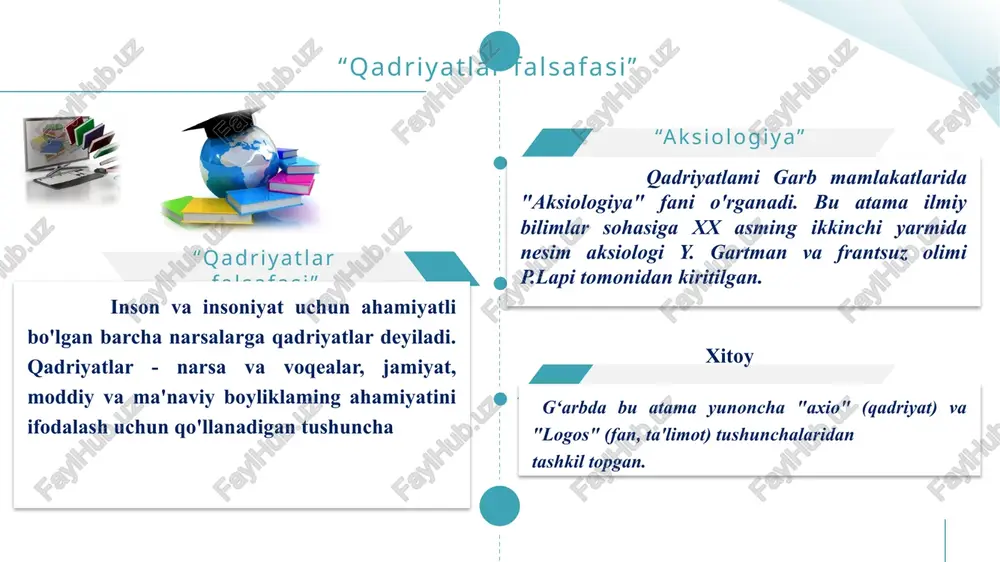 iy qadriyatlar – bu o‘z ahamiyatiga ko‘ra eng yuksak darajada turuvchi, odamlarning fundamental munosabatlari va ehtiyojlarini aks ettiruvchi qadriyatlardir. kundalik hayot va ehtiyojlar bilan bog‘liq bo‘lgan qadriyatlar. insonning moddiy va ma’naviy ehtiyojlarini qondirish, jamiyatning normal faoliyat ko‘rsatishi va rivojlanishini ta’minlash uchun zarur bo‘lgan qadriyatlardir. 01 02 03 04 jamiyat va inson hayotida qadriyatlarning roli. oliy qadriyatlarning mavjudligi doimo individning shaxsiy hayoti chegarasidan chetga chiqish bilan bog‘liq. ular individni uning o‘zidan yuksak bo‘lgan, uning hayotini belgilaydigan, uning taqdiri uzviy bog‘liq bo‘lgan narsalar bilan oshno etadi. inson hayoti uchun zarur bo‘lgan fundamental qadriyatlar (tabiiy boyliklar, moddiy yashash sharoitlari – turar joy, oziq-ovqat mahsulotlari, sog‘liqni saqlash va sh.k.) va insonning ijtimoiy mohiyatiga, uning ma’naviy tabiatiga bog‘liq bo‘lgan oliy qadriyatlar yotadi. ikkinchi guruhga esa ma’naviy qadriyatlar kiradi. qadriyatlarning birinchi guruhi insondan tashqarida yotuvchi maqsad bilan belgilanadi, ikkinchi guruh ichki asosga ega birinchi guruhga moddiy (utilitar) qadriyatlar 01 02 03 04 qadriyatlar ierarxiyasi. inson ma’naviyati …