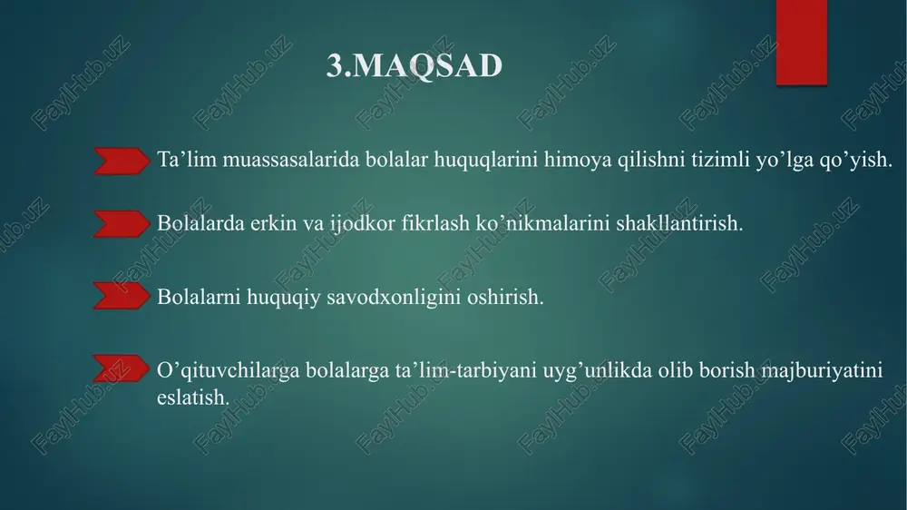 aqonli rivojlanishi uchun eng yaxshi shart-sharoitlarni yaratish davlatning majburiyatidir onalik, otalik va bolalik davlat tomonidan muhofaza qilinadi”. bola huquqlarining ta’rifi mantiqan inson huquqlari umumjahon deklaratsiyasining asosiy g‘oyalaridan kelib chiqadi. uning alohida moddasi bolalarga bag‘ishlangan. unda aytilishicha, "onalik va bolalik alohida g‘amxo‘rlik va yordam olish huquqini beradi". shunday qilib, deklaratsiyada e’lon qilingan barcha erkinliklarga bolalarning teng huquqliligini tan olgan holda, xalqaro hamjamiyat bolalarga qo‘shimcha yordam va qo‘llab-quvvatlash zarurligini tan oladi. ya’ni, bolalar o‘zlarining maxsus ehtiyojlari, shuningdek ekspluatatsiya va suiste’molliklarga nisbatan zaifligi tufayli qo‘shimcha huquqlarga ega. 9 8.taklif ta’lim muassasasi rahbari tomonidan “bola huquqlari oliy qadriyat” ekanligini o’quvchilar va pedagogik jamoaga singdirish. ta’lim muassasalarida bola huquqlari kafolatlanganligi to’g’risida targ’ibot ishlarini amalga oshirish. ta’lim muassasalarida davlat va huquq asoslari fanini ko’proq amaliy tarzda o’tilishi. ta’lim muassasalarida bolalarni huquqiy savodxonligini oshirish. ta’lim muassasalarda “inson qadri oliy qadriyat” shiori ostida davra suhbatlari olib borish. ta’lim muassasalari o’rtasida “mening huquqim va erkinliklarim”shiori ostida ko’rik tanlovlar o’tkazilishi. …