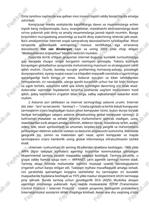 orqali bank tizimlariga kirish va u erdan pul mablag‘larini o‘marish. misol sifatida kredit kartalari bilan amalga oshirilayotgan afera (g‘irromlik)lar har yili 400 million dollar atrofida zarar keltiradi. viruslardan ko‘rilgan zarar esa 12 milliardni, mualliflik huquqining buzilishi 250 milliardga yaqin zarar keltiradi. turli kompyuter tizimlariga kirish bilan kiberterrorchilar har xil, shu jumladan yashirin axborotga ham yo‘l topadilar. zamonavviy kiberterrorchilikka 1998 yili aqshda amalga oshirilgan qotillik ham misol bo‘la oladi. internet orqali aqsh klinikalaridan birining tarmog‘iga kirib olgan terrorchi (u erda fbr himoyasida og‘ir ahvoldagi muhim guvoh davvolanayotgan edi) qator to‘siqlardan o‘tadi va kardiostimulyatorni ishdan chiqarib, oqibatda mijozni halok qilishga erishadi. internetning “liminal makon”i ma’navviy yoki diniy tajribaga (absorbtsiya, asketlik, eskapizm, yagonalik, muloqot) yangi imkoniyatlar ochib bermoqda. hozirgi kunda ofisda faoliyat yurituvchilar hayot tarziga monand 10 daqiqali ma’navviy mashqlar tajriba orttirishga imkon beradi. zamonavviy sufiylar internet orqali bunday aloqalar vositasida murshid va murid o‘rtasidagi o‘zaro munosabatlar yaxshilanayotganini e’tirof etadilar. internet-radio kabi yangi …
