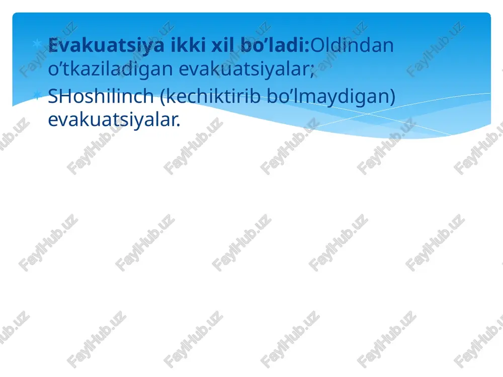 utishi xalqaro huquq me’yorlariga, ikki tomonlama va ko’p tomonlama davlatlararo kelishuv hujjatlariga, o’z.r. va boshqa mamlakatlar qoidalariga asoslanadi. 15 birinchi shifokor yordamining hajmi. shikastlanganlarga birinchi shifokor yordami tibbiy evakuatsiyani birinchi bosqichida bshyoo, shikastlanish zonasida saqlanib qolgan davolash-profilaktik tashkilotlarini, fvv harbiy qismlarning tibbiy bo‘limlarini shifokorlari tomonidan ko‘rsatiladi. 16 birinchi shifokor yordami shikastlanganlarni hayotiga xavf solayotgan oqibatlarini yo‘qotish, birinchi soati va kechayu-kunduz vaqtida hayot uchun xavfli asoratlarni (shok, jarohat infektsiyasi) oldini olish, shikastlangan va bemorlarni keyingi tibbiy evakuatsiya bosqichiga evakuatsiya qilishga tayyorlash maqsadida ko‘rsatiladi. 17 asosiy birinchi shifokor yordam hajmiga quyidagilar kiradi: 1.asfiksiyani bartaraf etish (yuqori nafas yo‘llaridan shilliq, qon, qusuq massalarini kateter yordamida jarrohlik elektr so‘rgich yordamida so‘rib olish, havo o‘tkazadigan naychalar (vozduxavod) quyish, tilni tikish, yumshoq tanglay va halqumni yon bo‘limlarini osilib qolgan parchalarini tikish yoki qirqish). 18 2.hayot ko‘rsatmalari bo‘yicha traxeotomiya, traxeostomiya va traxeyani intubatsiya qilish. traxeotomiya-operatsiya vskritiya traxei s posleduyushim vvedeniyem v neye traxeotomicheskoy trubki. 19 3.ochiq pnevmotoraksni …
