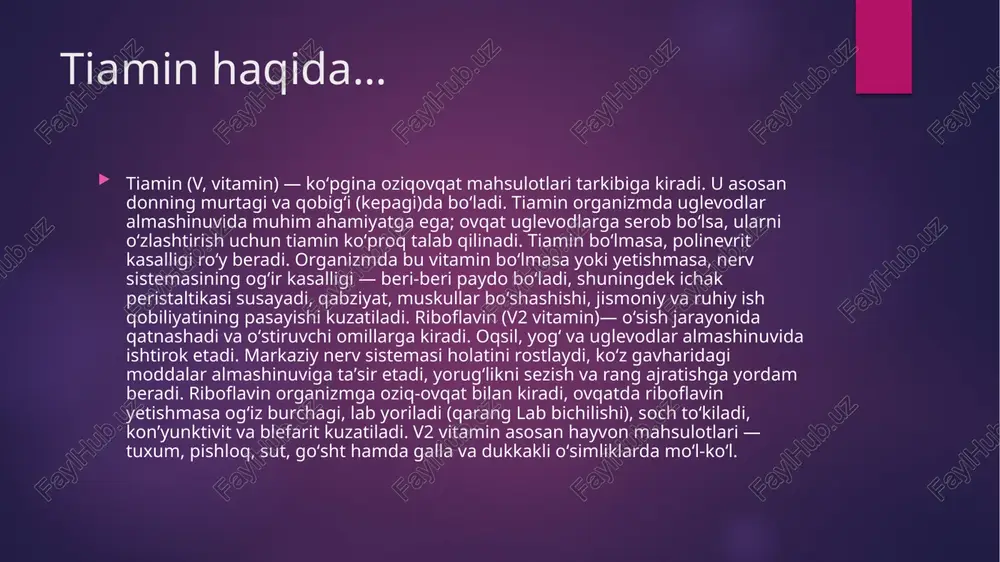 uqorida aytib oʻtilgan v.dan tashqari, organizm uchun zarur boʻlgan boshqa biologik faol moddalar (vitaminsimon birikmalar) ham bor. bularga bioflavonoidlar, xolin, inozit, lipoat, orot, pangamat, paraaminbenzoat kislotalari va b. moddalar kiradi. image6.png image7.png image8.png image9.png image10.png image11.png image12.png image13.png image14.png image15.png image16.jpeg image17.png image18.png image19.png image20.png image21.png image22.png image23.png image24.png image2.png image3.png image4.png image5.png /docprops/thumbnail.jpeg