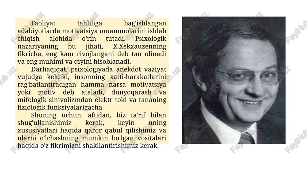 s ravishda salbiy kutishlarini baholaydi. birinchi shkalaning ishonchliligi 0,89, ikkinchisi esa 0,92. xuddi shu muallif tomonidan ishlab chiqilgan achievement motivation measurement questionnaire (pam) ikki shaklga ega: erkaklar va ayollar uchun (a.mehrabian, 1969). anketa j.atkinsonning yutuq motivatsiyasi nazariyasiga asoslanadi. test topshiriqlarini tanlashda muvaffaqiyatga intilish va muvaffaqiyat motivatsiyasi bilan belgilanadigan xatti-harakatlardagi muvaffaqiyatsizlikka yo'l qo'ymaslik motivlari bo'lgan odamlarning individual farqlari hisobga olingan. da'volar darajasining xususiyatlari, muvaffaqiyat va muvaffaqiyatsizlikka hissiy munosabat, kelajakka yo'naltirilganlikdagi farqlar, shaxslararo munosabatlardagi qaramlik-mustaqillik omili ko'rib chiqildi. testni qurishda omilli tahlil usuli qo'llanilgan va yakuniy versiyada ikkala shkalada har biri 26 ta elementdan iborat. ushbu uslub turli mamlakatlarda juda mashhur va ayniqsa muvaffaqiyat motivatsiyasining kognitiv tarkibiy qismlarini o'rganishda qo'llaniladi. proyektiv usullar. bu usullar xayol va fantaziya mahsullarini tahlil qilishga asoslangan. ular 3.freydning proyeksiya mexanizmi haqidagi g‘oyalariga, shuningdek, motivatsiyaning tasavvur va idrokga ta’siri haqidagi ko‘plab tadqiqotlarga asoslanadi. chuqur motivatsion shakllanishlarni, ayniqsa ongsiz motivlarni tashxislash uchun proyektiv usullar qo'llaniladi. ushbu usullar dastlab klinikada …