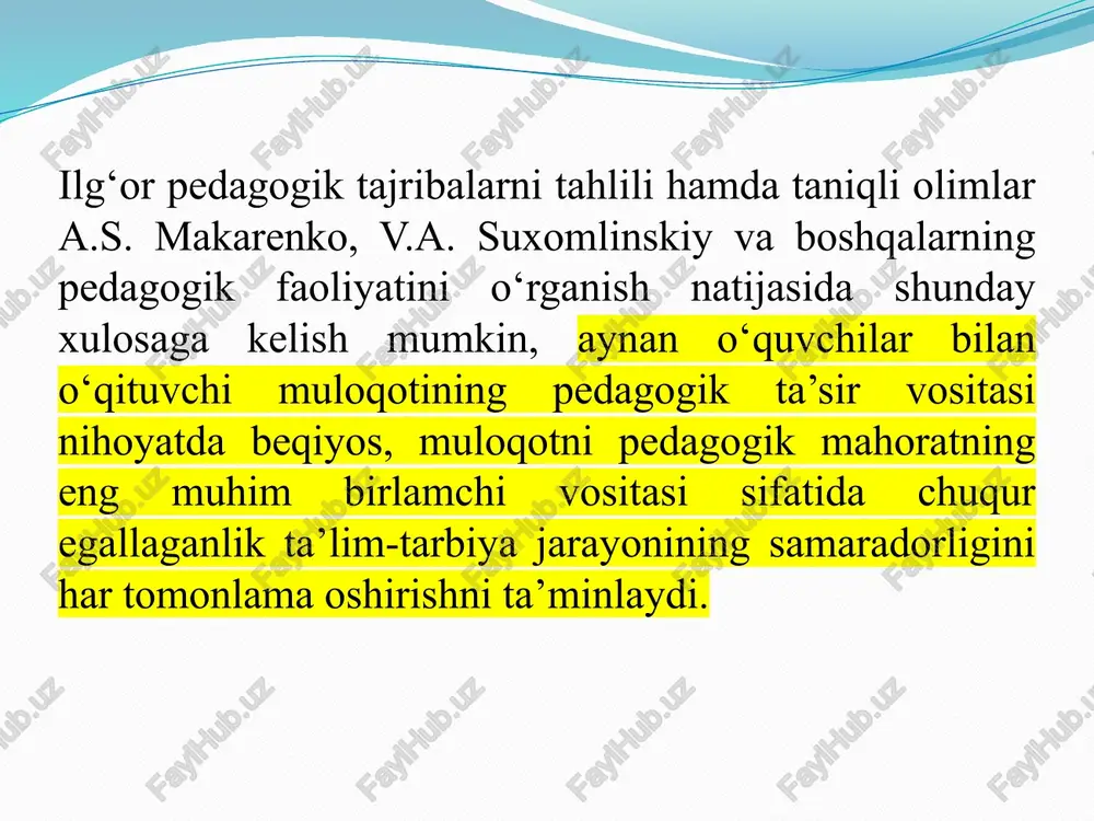 lim berishga qaratiladi/ o’qituvchi bilan o’quvchining bir-birlarini o’zaro tushunmasliklari- bu diqat xamkorlik muloqot vositalarining qashshoqligi, bir xildagi yondaysuf emasligi ham uchrab turadi. kutilmagan, tayyorgarlik ko‘rilmagan kommunikativ muammolardan nihoyatda uddaburonlik bilan ustunlikni qo‘lga qo’ya olish o‘qituvchi kasbiy faoliyatida ulkan sinov bo‘lib, prinsipial ahamiyatga ega, negaki bunday vaziyatlarda muloqotning barcha variantlarini taxminiy rejalashtirish aslo mumkin emas. bunda o‘qituvchi muloqotda pedagogik improvizatsiya (tayyorgarliksiz) holatlariga ko‘nikma hosil qilish qobiliyatiga ham ega bo‘lishi kerak. vaziyatni va o‘quvchilar xatti-harakatini chuqur idrok qilib tez va haqqoniy baholashi, hech qanday mantiqiy mulohazasiz, o‘zining bilim va malakalariga, tajribalariga, pedagogik mahorati va aql-zakovatiga, sezgisiga asoslanib, aniq qaror qabul qilishi, vaziyatning o‘zgarishiga qarab munosabatini, shaxsiy pedagogik faoliyatini to‘g‘rilab, uzviy ravishda ushbu qarorni o‘quvchilar bilan muloqot jarayonida qo‘llashi lozim. kommunikativ ta’sir ko’rsatish metodlari talab, istiqbol rag‘batlantirish jazolash, jamoatchilik fikri. talab - ta’lim va tarbiya jarayonida o‘qituvchining tarbiyalanuvchiga nisbatan shaxsiy munosabatlarida namoyon bo‘ladi. tinglovchining u yoki bu xatti-harakati o‘qituvchi nazoratida bo‘lib, ijobiy jihatlari …