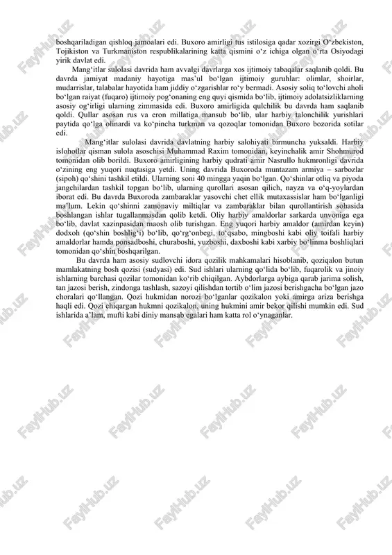 arshi janglar olib bordi. xarbiy kuch ish bermagan vaziyatda kelishuvchilik yo‘li tutilib, shahrisabz mahalliy hokim doniyor vallomaga mulk sifatida taqdim etildi va shahrisabz voxasi to 1858 yilgacha deyarli mustaqil ravishda boshqarildi. o‘ratepa bekligi ham bo‘ysundirildi va amirlik hududi ancha kengaydi. bu davrda qo‘shni xonliklar bilan munosabatlar ancha keskinlashdi. xiva xoni qo‘shinlarining buxoroga talonchilik yurishlari davom etdi. shuningdek, bu davrda tobora kuchayib borayotgan qo‘qon xonligi bilan munosabatlar ham yomonlashdi. azaldan buxoroga tobe hisoblangan toshkent, turkiston, o‘ratepa, xo‘jand va boshqa shaharlarga qo‘qonliklarning tajovuzi avj oldi. amir xaydar 1807-1810 yillarda qo‘qon xoni olimxon bilan toshkent, o‘ratepa, jizzax, zomin shaharlari uchun janglar olib borishga majbur bo‘ldi va bu shaharlar bir necha bor qo‘ldan-qo‘lga o‘tib turdi. amir xaydar vafotidan keyin taxtni uning uchinchi o‘g‘li nasrullo egalladi. o‘z akalari xusayn va umarni o‘ldirib, buxoro taxtini egallagan amir nasrullo buxoroning eng shafqatsiz hukmdori sifatida tarixda qoldi. shu bilan birga u davlat hokimiyatini birmuncha mustahkamlagan, harbiy soxada ancha …
