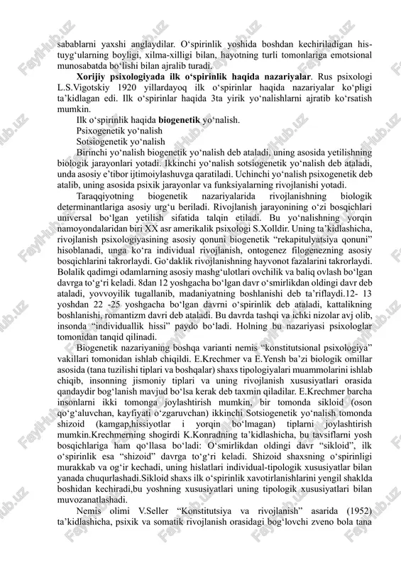 lk o‘spirlik yoshining boshlanishida odatda jinsiy yetilish tugallanadi, ikkilamchi jinsiy belgilar rivojlanadi, bu hol yigit va qizlarning tashqi ko‘rinishida ham sezilarli o‘zgarish hosil qiladi. jinsiy yetilish davrining tugallanishi hali jismoniy yetuklikni ham, buning ustiga psixik va ma’naviy yetuklikni ham anglatmaydi. faqat 18 yoshga borib, nikohdan o‘tishga ruxsat beriladigan davrda, shu yosh uchun minimal darajada zarur bo‘lgan jismoniy, ma’naviy, fuqarolik yetuklik darajasi boshlanadi. 18 yoshli yigit va qizlar jamiyat tomonidan katta yoshli kishilar deb e’tirof etiladi. ilk o‘spirinlik davrini ikkinchi o‘tish davri deb hisoblash mumkin. agar birinchi o‘tish davri ko‘proq bolalikka yaqin bo‘lsa, ikkinchi o‘tish davrida bo‘lgan o‘spirin ko‘proq yoshlik davriga yaqindir va shu jihatidan o‘rganiladi hamda tadqiq etiladi. ilk o‘spirinlik davri, asosan, unda mustaqil hayotning boshlanishi (o‘rta maktabni tamomlab, litsey, kollejlarga kirishi)bilan xarakterlanadi. hayotdagi bu o‘zgarishlar ilk o‘spirinning shaxsiga, o‘z-o‘zini anglashiga ta’sir ko‘rsatadi. o‘smirlardan farqli o‘laroq ilk o‘spirinlar katta hayotni tasavvur etmaydilar, balki unda ishtirok etadilar. ilk o‘spirinlarning mustaqilligi ortishi …