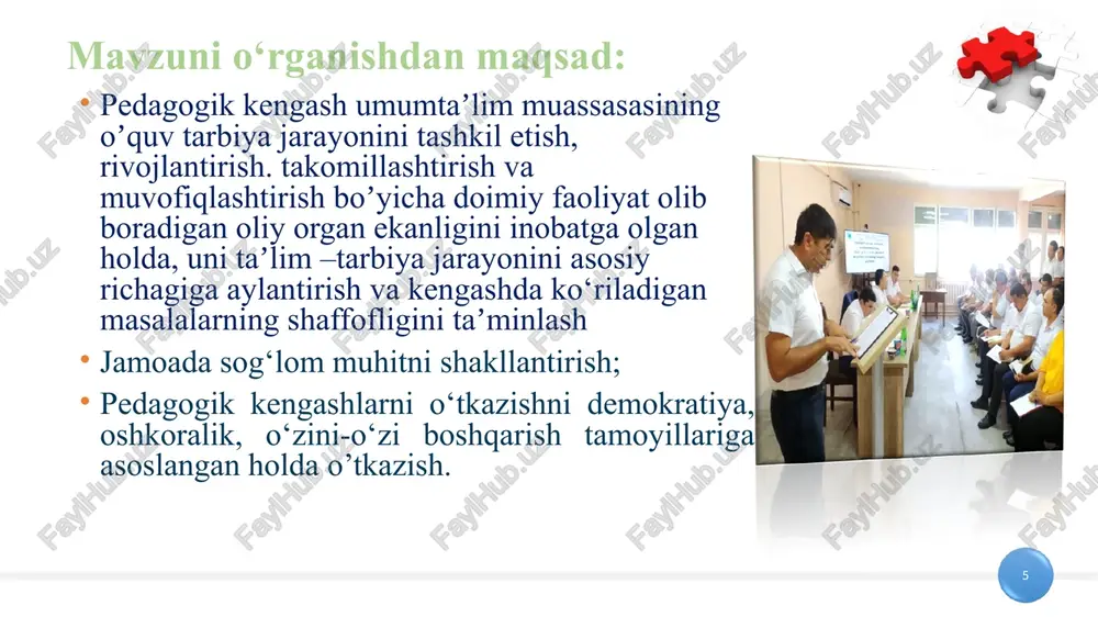 at qilish: pedagogik kengashlar ta’lim dasturlarining sifatini va samaradorligini nazorat qiladi. bu o‘quv rejalarini ko‘rib chiqish, yangilash va takomillashtirishni o‘z ichiga oladi. o‘qituvchilarni qo'llab-quvvatlash: o‘qituvchilarning malakasini oshirish va ularga zarur yordam ko‘rsatish uchun turli treninglar va seminarlar tashkil qiladi. faoliyat ko‘rsatish shakllari: yig‘ilishlar va majlislar: finlandiyada ta’lim tizimi dunyo bo‘ylab eng ilg‘or tizimlardan biri sifatida tanilgan. bu tizimda pedagogik kengashlar muhim rol o‘ynaydi. ular orqali ta’lim standartlari doimiy ravishda oshirib boriladi va o‘quvchilarga eng yaxshi ta’lim sharoitlari yaratiladi. odatda pedagogik kengashlar o‘qituvchilar, maktab rahbarlari, ota-onalar va boshqa ta’lim sohasidagi mutaxassislardan tashkil topadi. finlandiyada: dobavit nijniy kolontitul fr 7 qiyosiy tahlil: t/r amaldagi holat (o‘zbekistonda) amaldagi holat (xorijda) taklif 1 pedagogik kengashlar maktabda ta’lim sifatini oshirish, o‘quv rejalarini va dasturlarni muhokama qilish, o‘qituvchilarning malakasini oshirish kabi masalalarni hal qilish uchun tashkil etiladi. ko‘pincha ta’lim sifatini oshirish, innovatsiyalarni joriy etish, milliy va xalqaro standartlarga mos ta’lim tizimini yaratish. maktablarda pedogogik kengash faoliyati …