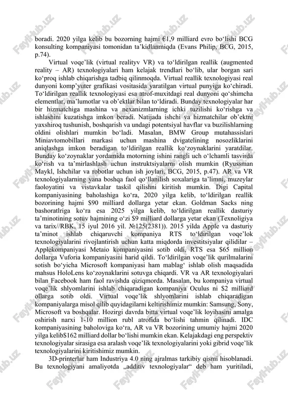 “click business” ko‘rinishidagi biznes-modellarning 100% online turlarini yaratishni va uchinchidan, “click and mortar” turidagi offline biznesga online uskunalar joylashtirshni talab qiladi. keyingi davrlarda inson hayotiga va jamiyatga ijtimoiy saytlar ta’sirining yanada kuchayishi kuzatilayapti. masalan, 2019 yilning fevral oyida dunyo aholisi 7,676 milliard bo‘lgan holda, internet foydalanuvchilari soni 4,388 milliard nafar bo‘lgan (57%), ijtimoiy saytlarda qayd etilganlar soni 3,484 milliard inson bo‘lgan (45%) va 5,112 milliard inson mobil qurilmalarga ega bo‘lganligi (67%) ma’lum bo‘ldi (https://www.web-canape.ru/business/vsya-statistika-interneta-na-2019- god-v-mire-i-v-rossii/). bu borada davos halqaro forumi asoschisi klaus shvabning quyidagi iborasini keltirishimiz mumkin “ijtimoiy saytlar marketing dunyosini o‘zgartirib, milliardlab insonlarni reklama beruvchilarga, savdogarlarga va iste’molchilarga aylantirib yubordi” (bcg the boston consulting group, 2015, p.72). next deb nomlangan yangi avlodning vakillari o‘z kommentlarini qoldirgan, fikrlarini boldirga va “do‘stlar” sifatiddavraga kirgan shaxslarga ko‘proq ishonadilar va shuning uchun ham ijtimoiy saytlar o‘z faoliyatlarida xuddi shu xususiyatlarga aloxida axamiyat bera boshladilar. jahondagi real xolat shuni anglatayaptiki, ko‘pchilik internet foydalanuvchilari ijtimoiy …