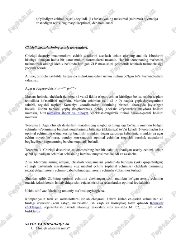 mkin echimlar (x1, x2 ≥ 0) haqida gaplashayotganimiz sababli, tegishli to'plam karteziya koordinatalari tizimining birinchi choragida joylashgan bo'ladi. ushbu to'plam yopiq (ko'pburchak), ochiq (cheksiz ko'pburchak maydon) bo'lishi mumkin, bitta nuqtadan iborat va nihoyat, cheklash-tengsizlik tizimi qarama-qarshi bo'lishi mumkin. teorema 2. agar chiziqli dasturlash masalasi eng maqbul echimga ega bo'lsa, u mumkin bo'lgan echimlar to'plamining burchak nuqtalarining bittasiga (ikkitasiga) to'g'ri keladi. 2-teoremadan biz optimal echimning o'ziga xosligi buzilishi mumkin, degan xulosaga kelishimiz mumkin va agar echim noyob bo'lmasa, bunday son-sanoqsiz optimal echimlar (tegishli burchak nuqtalarini bog'laydigan segmentning barcha nuqtalari) bo'ladi. teorema 3. chiziqli dasturlash muammosining har bir qabul qilinadigan asosiy echimi uchun qabul qilinadigan echimlar sohasining burchak nuqtasi mos keladi va aksincha. 2 va 3-teoremalarning natijasi, cheklash tenglamalari yordamida berilgan (yoki qisqartirilgan) chiziqli dasturlash masalasining eng maqbul echimi (optimal echimlar) cheklash tizimining ruxsat etilgan asosiy echimi (qabul qilinadigan asosiy echimlar) bilan mos tushadi. shunday qilib, zlpning optimal echimini cheklangan sonli mumkin …